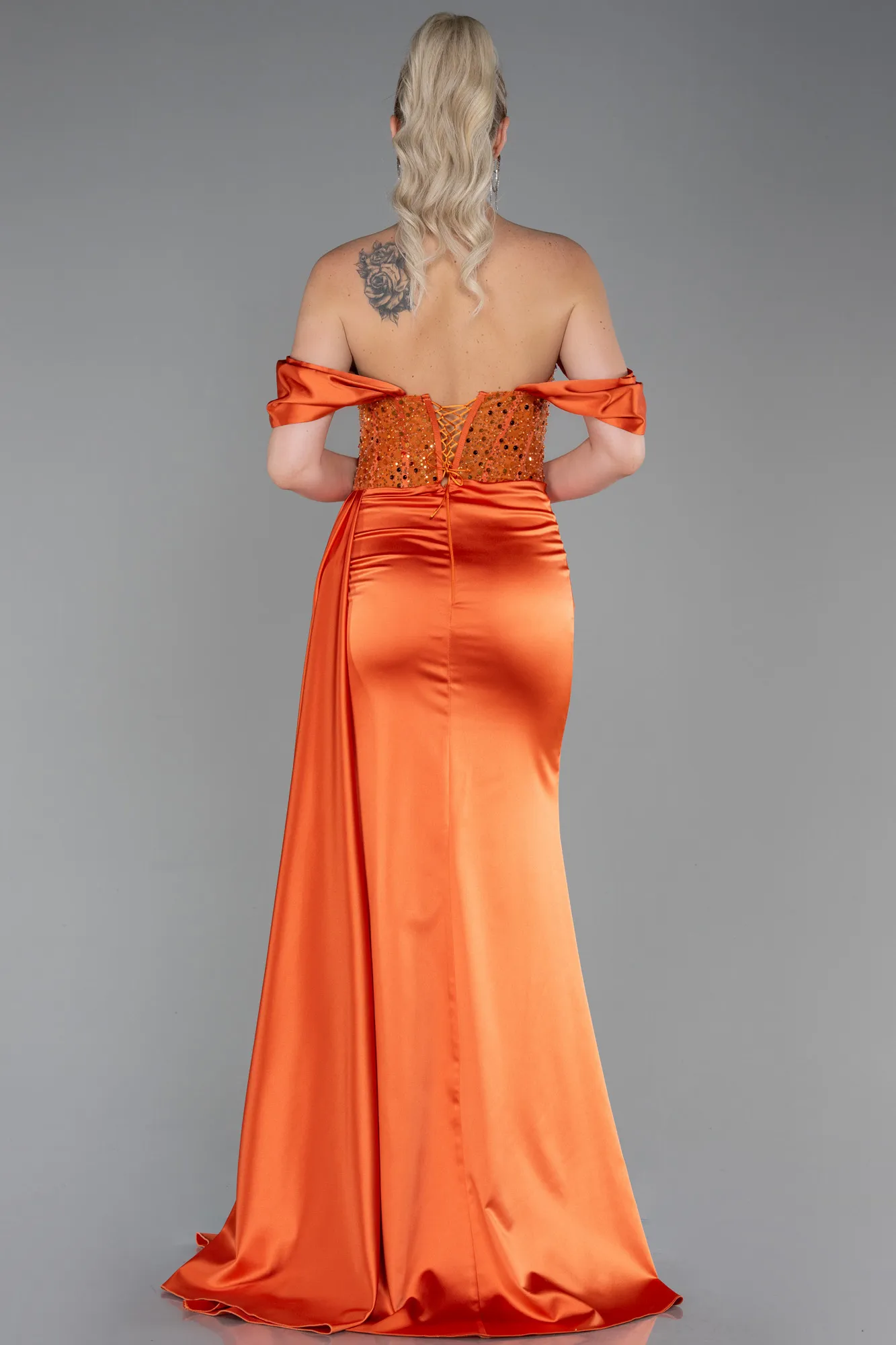 Orange-Long Satin Evening Dress ABU3100