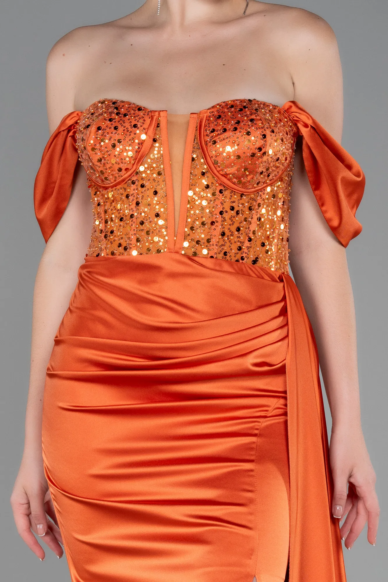 Orange-Long Satin Evening Dress ABU3100