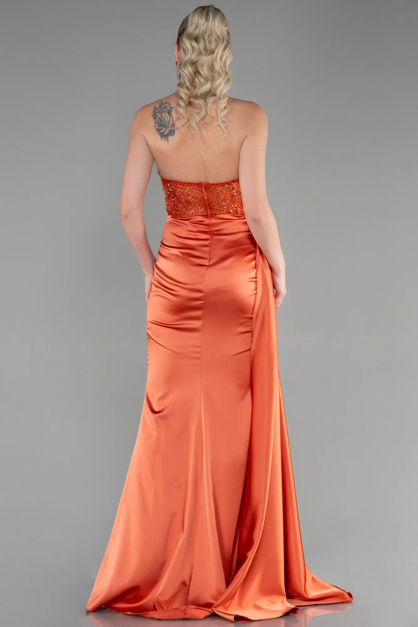 Orange-Long Satin Evening Dress ABU3447