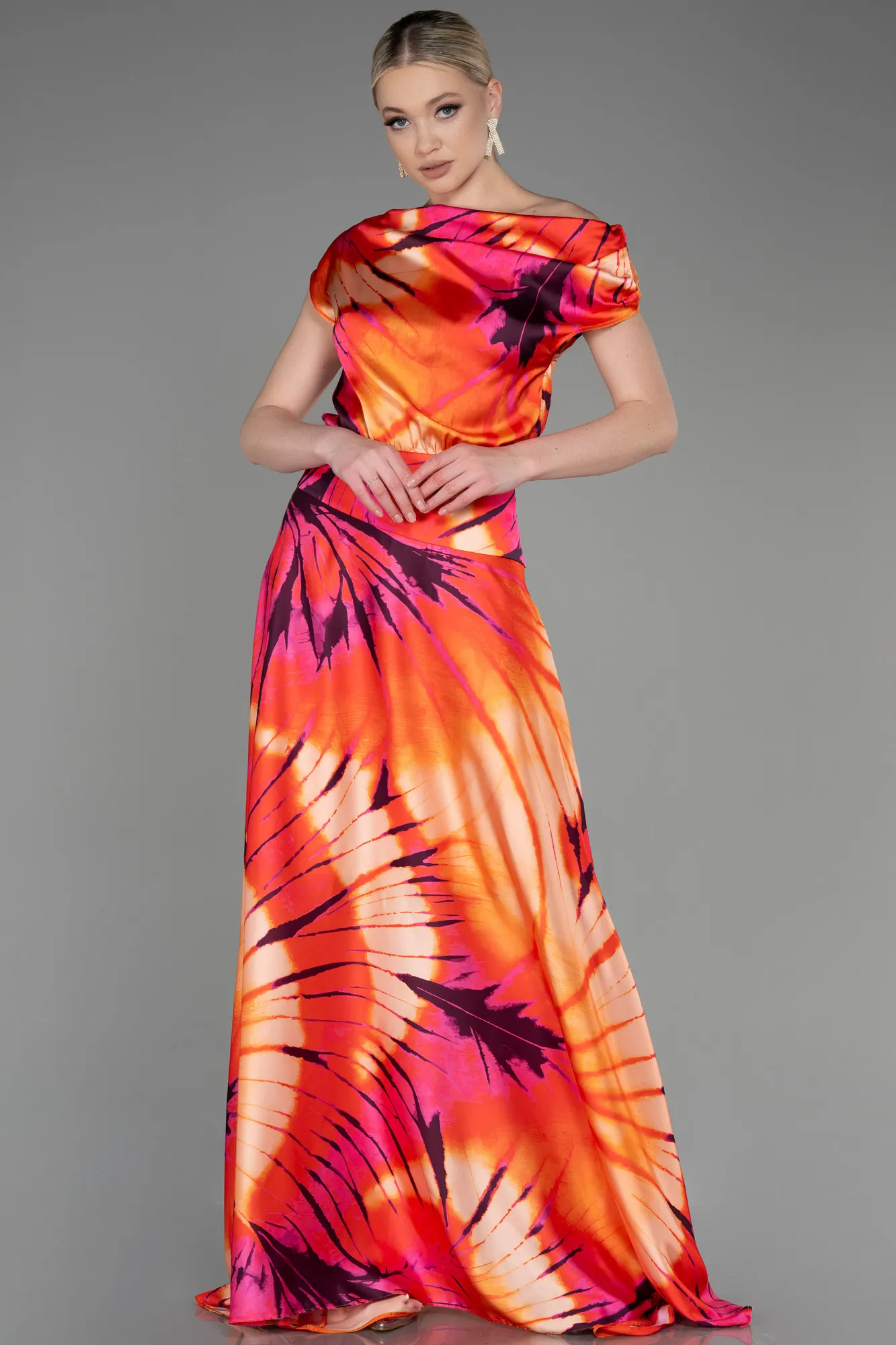 Orange-Long Satin Evening Dress ABU3762