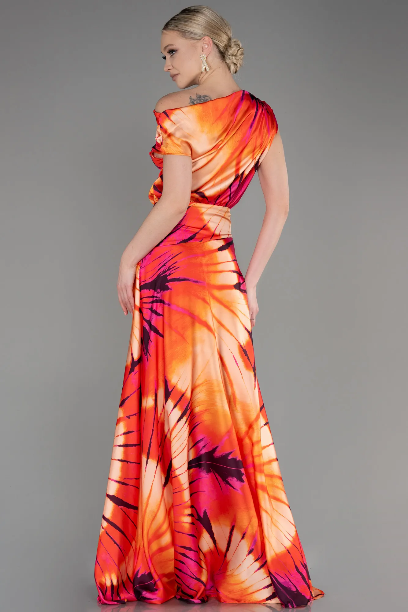 Orange-Long Satin Evening Dress ABU3762