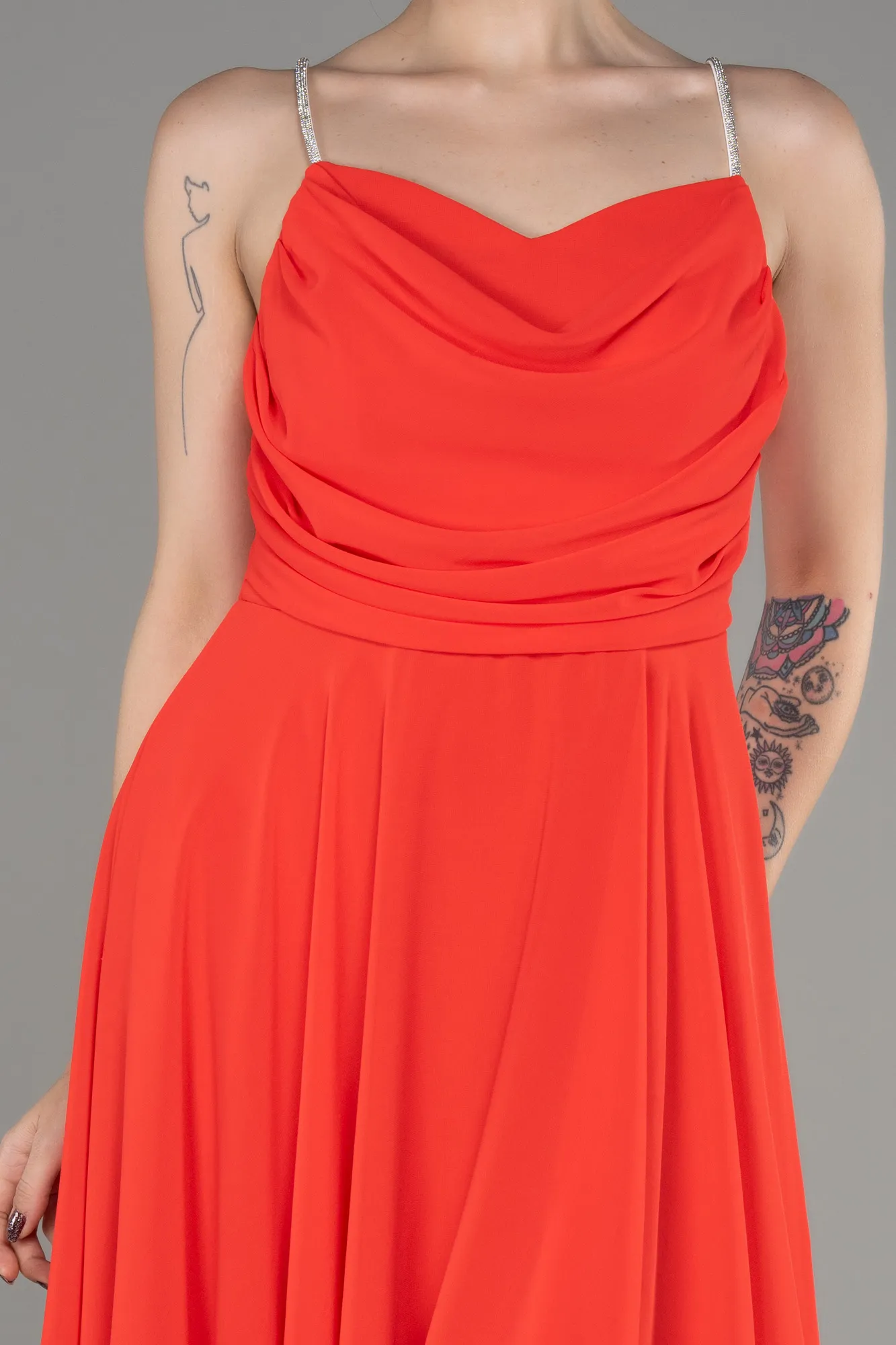 Orange-Midi Chiffon Evening Dress ABK1986