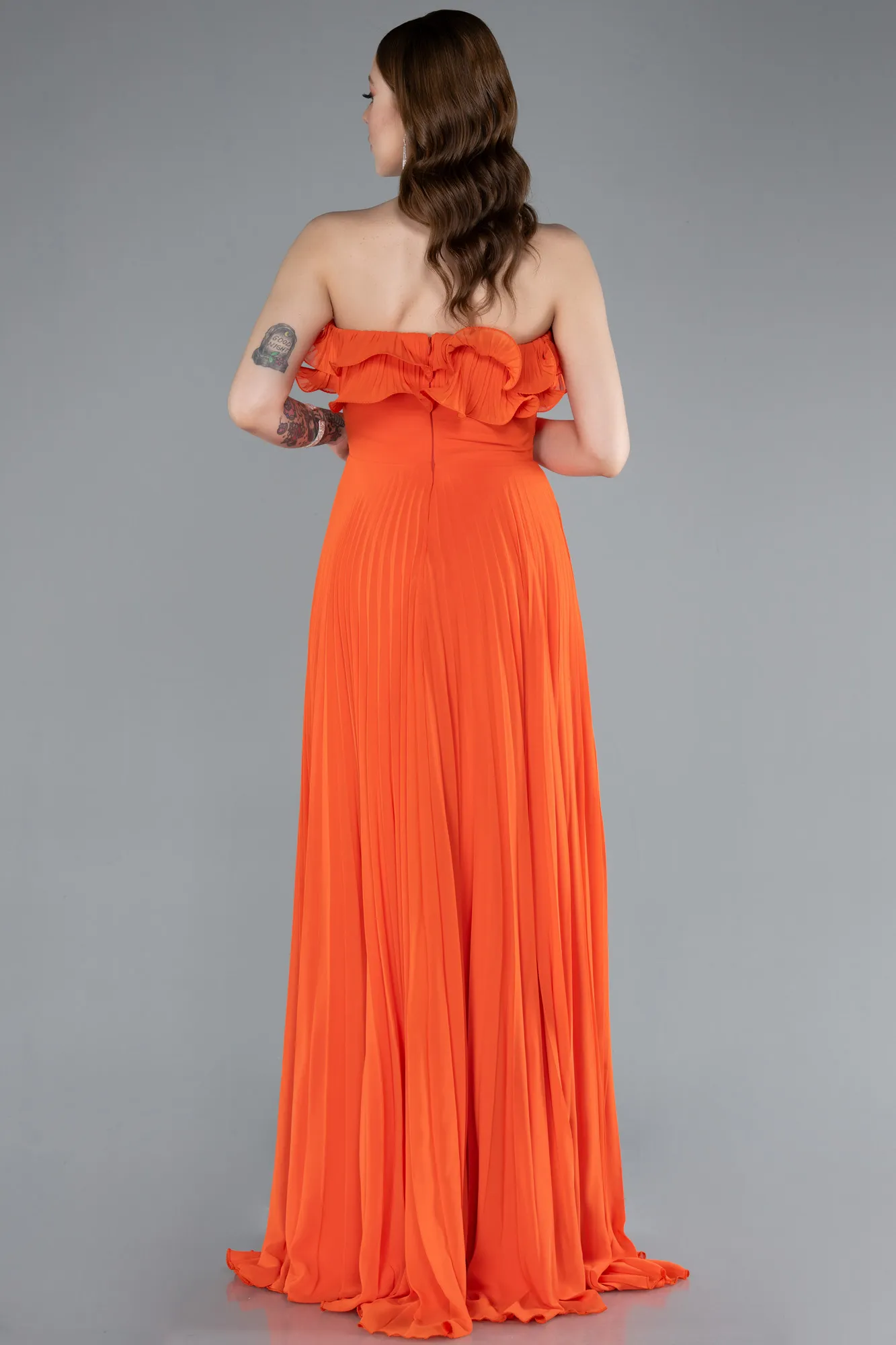 Orange-Strapless Long Chiffon Prom Gown ABU4866
