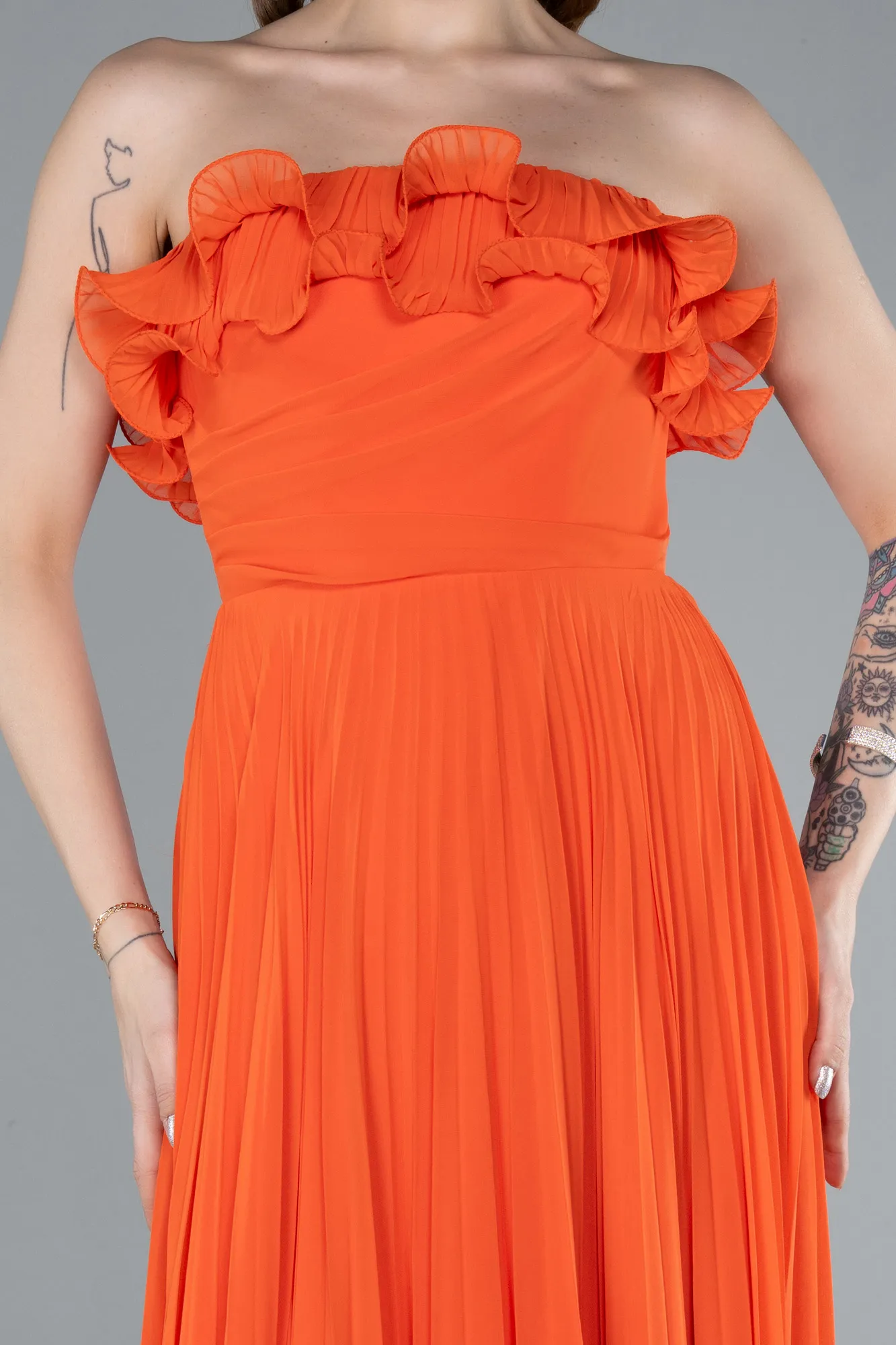 Orange-Strapless Long Chiffon Prom Gown ABU4866