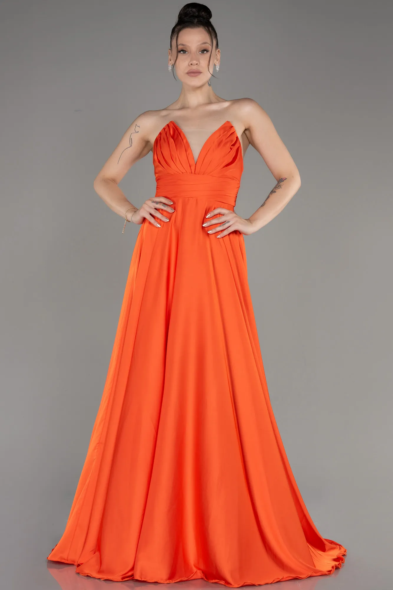 Orange-Strapless Long Satin Prom Dress ABU3965