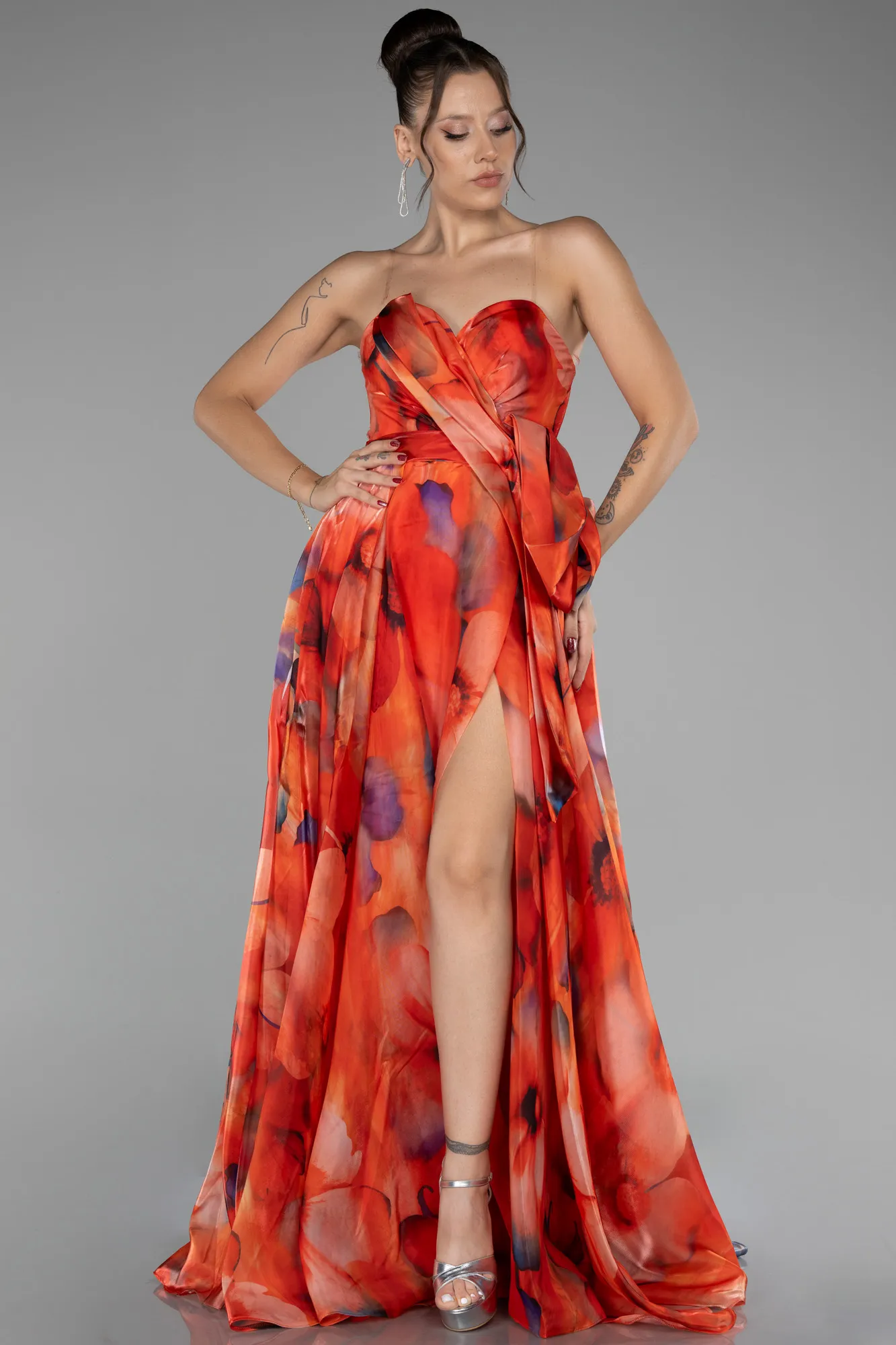 Orange-Strapless Slit Long Satin Printed Prom Gown ABU4157
