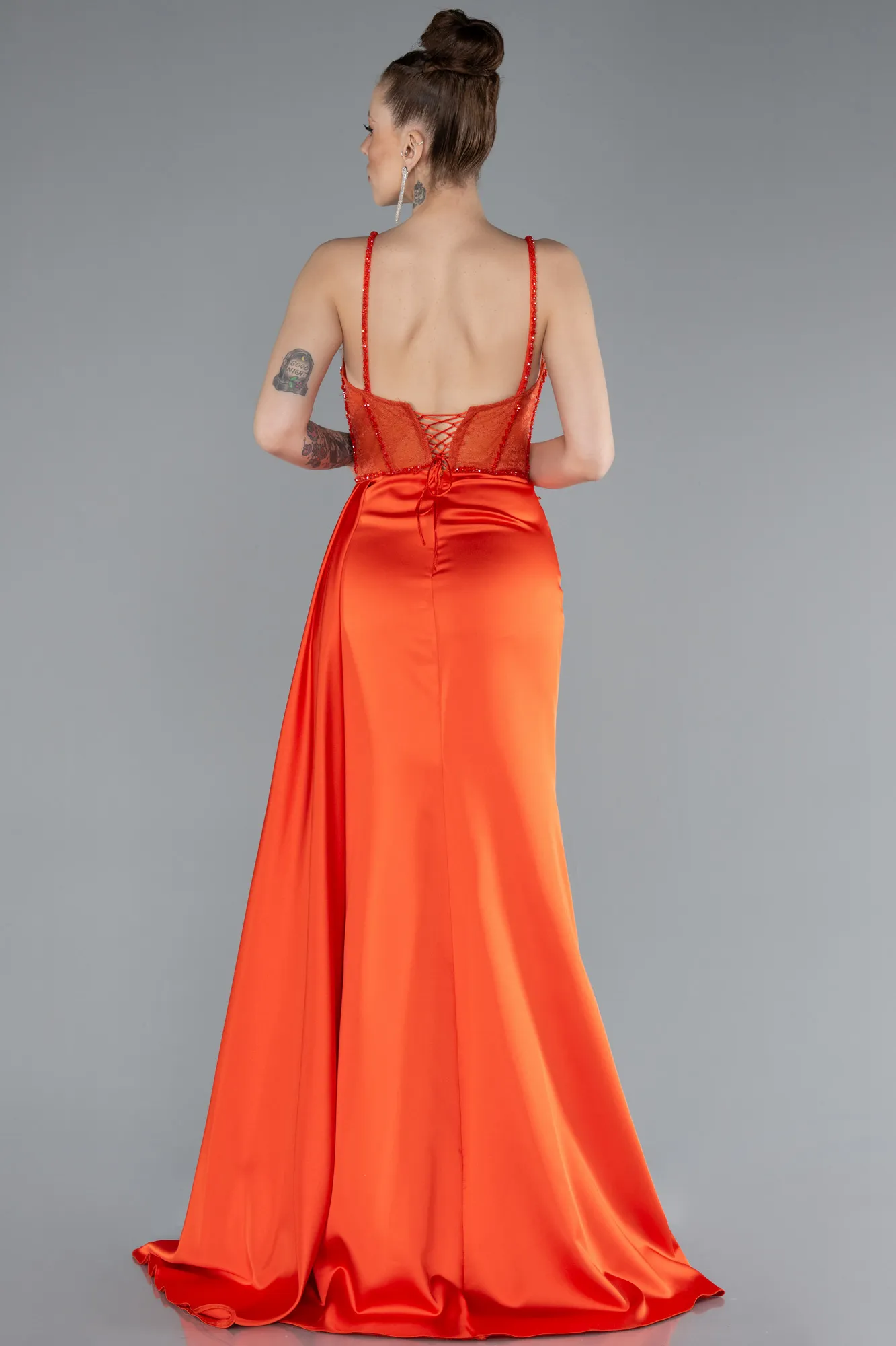 Orange-Transparent Slit Long Satin Evening Gown ABU3030