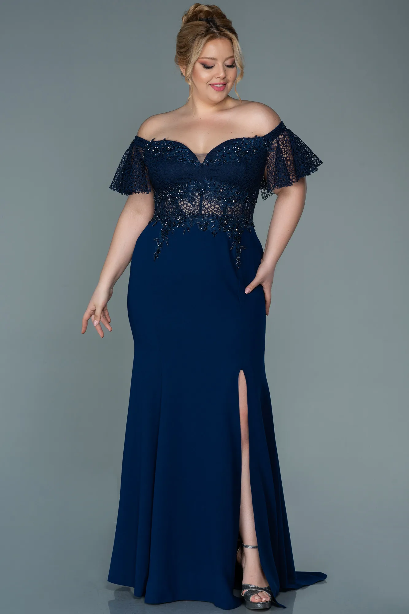 Parlement Blue-Long Dantelle Plus Size Evening Dress ABU2571