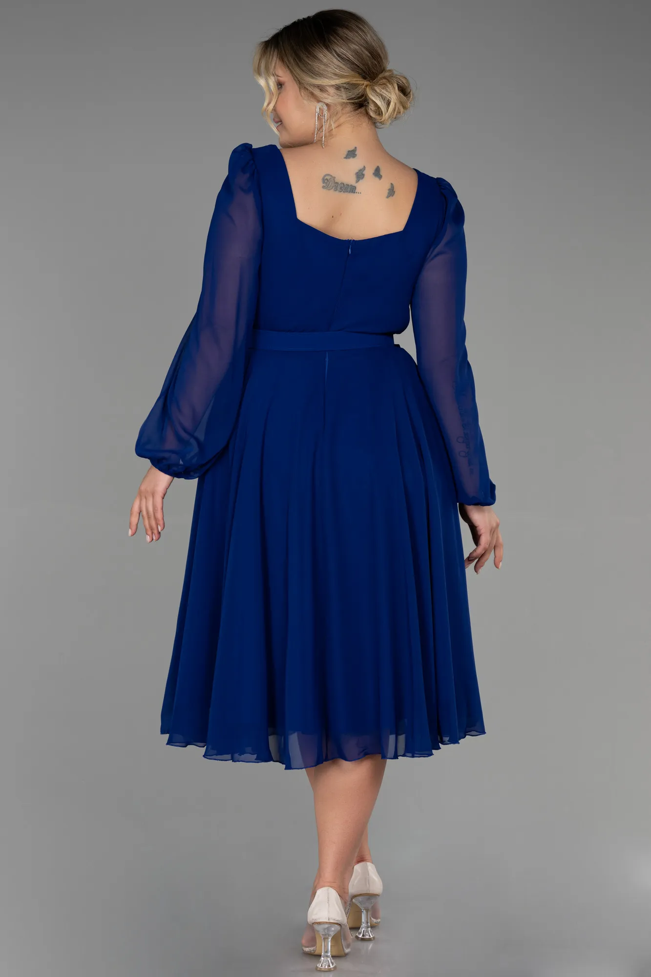 Parlement Blue-Midi Chiffon Plus Size Evening Dress ABK1753