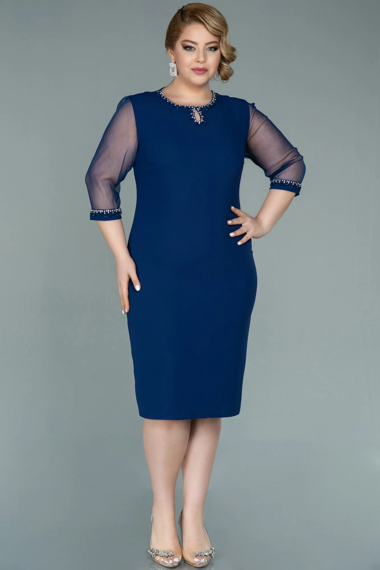 Parlement Blue-Midi Plus Size Evening Dress ABK1339