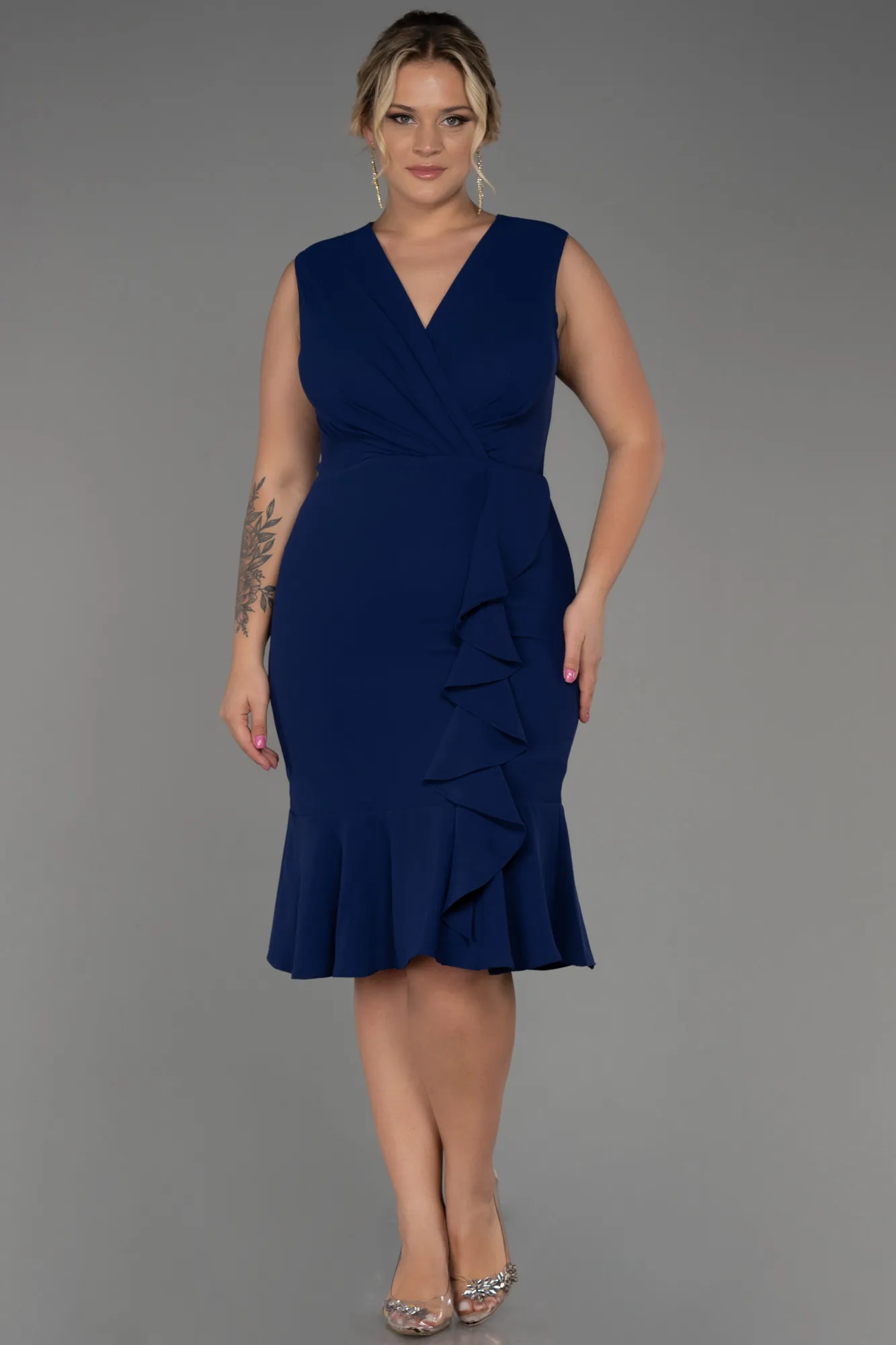 Parlement Blue-Midi Plus Size Evening Dress ABK1813