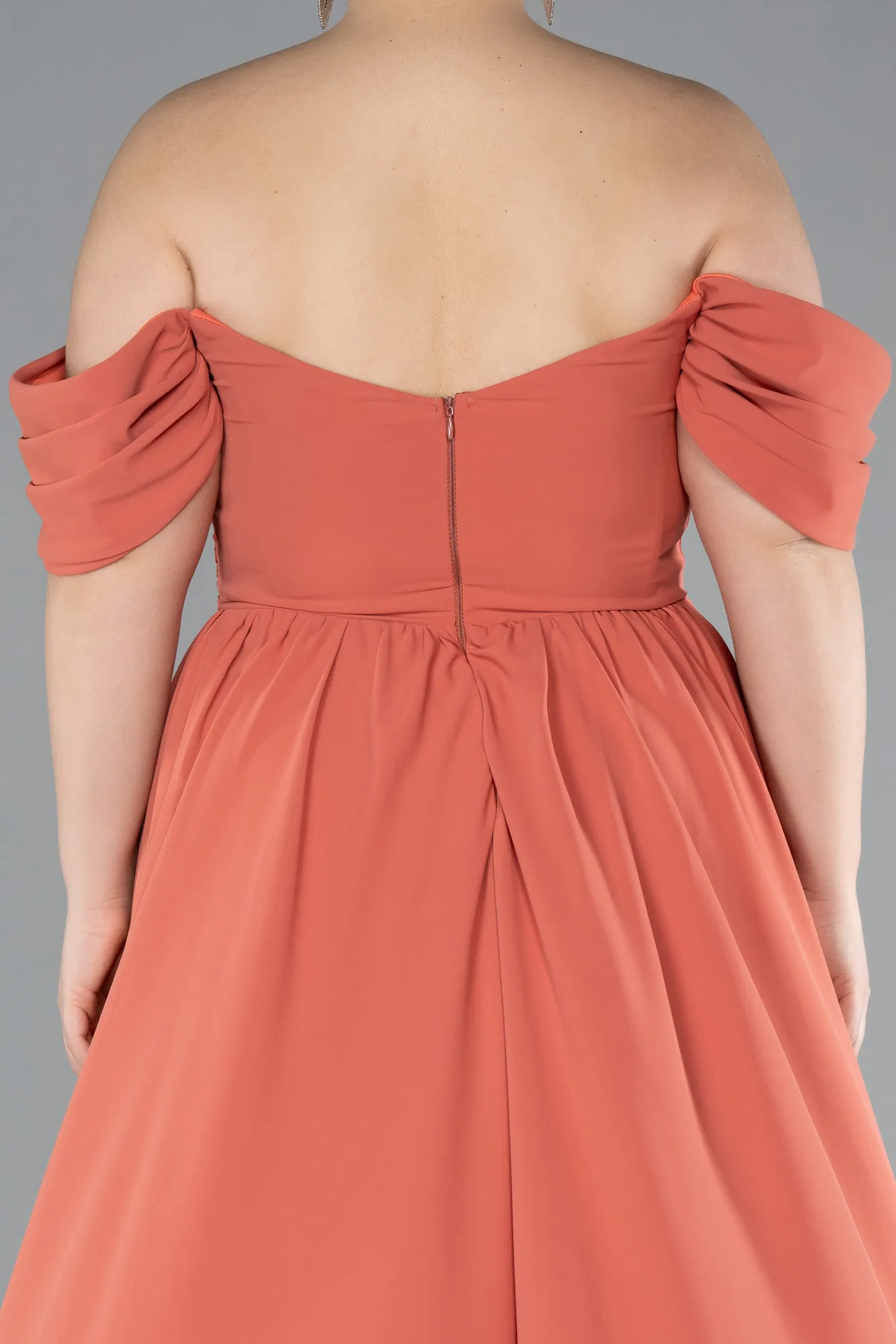 Peach Color-Boat Neck Long Chiffon Plus Size Prom Dress ABU3738