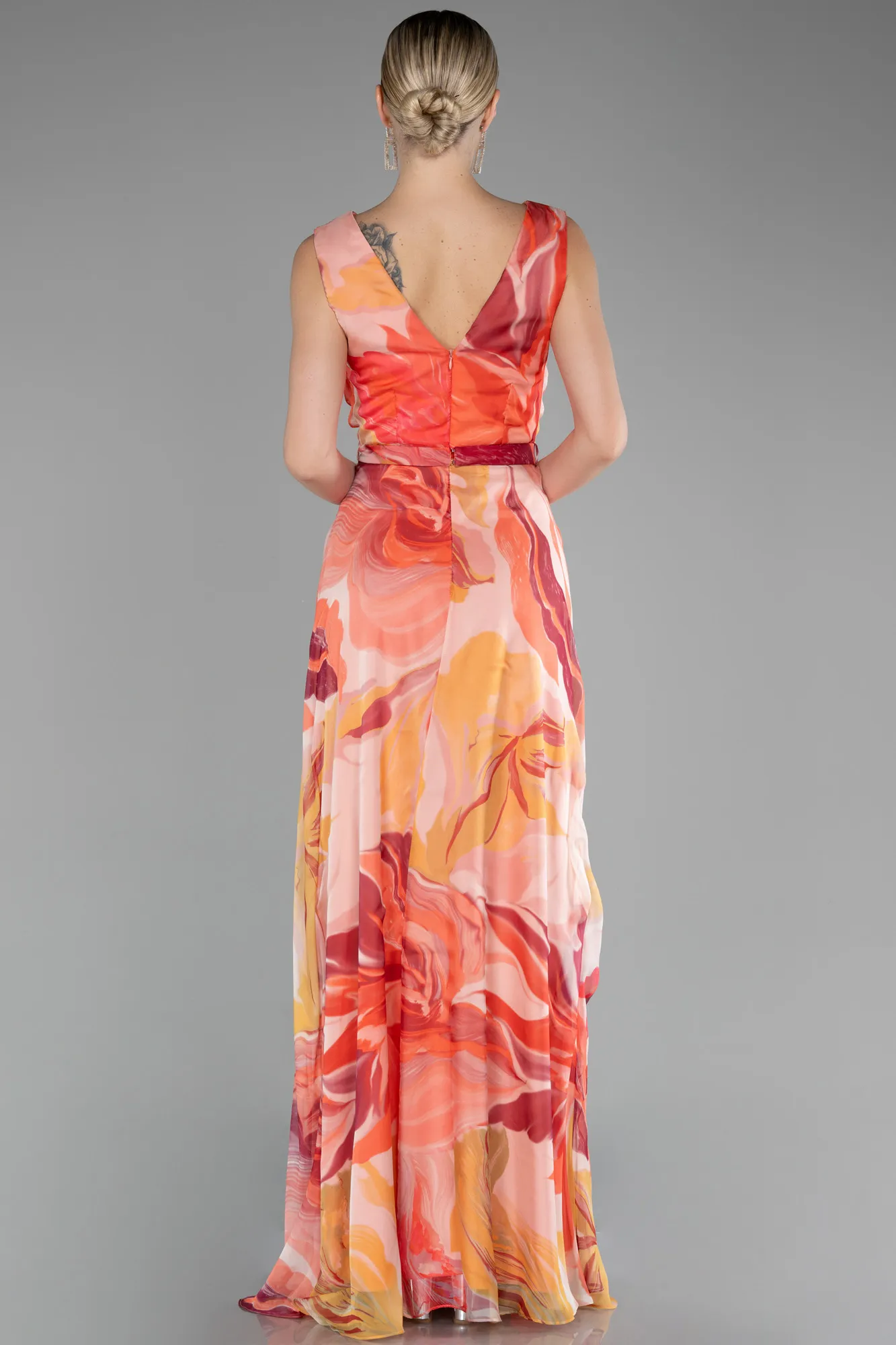 Peach Color-Sleeveless V Neck Long Patterned Chiffon Prom Dress ABU4180
