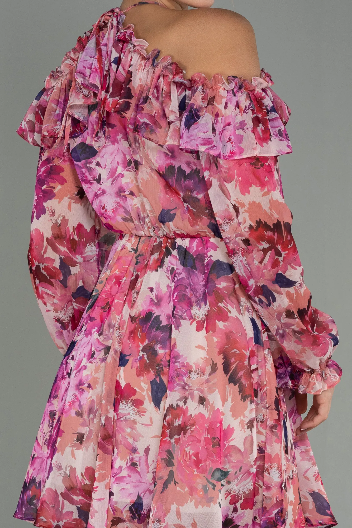 Pink Flowers-Short Chiffon Invitation Dress ABK1693