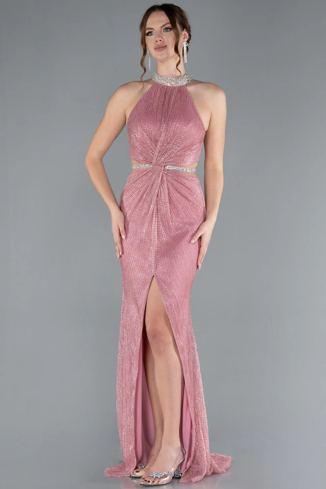 Pink-Halter Neck Slit Long Glitter Mermaid Evening Gown ABU4766