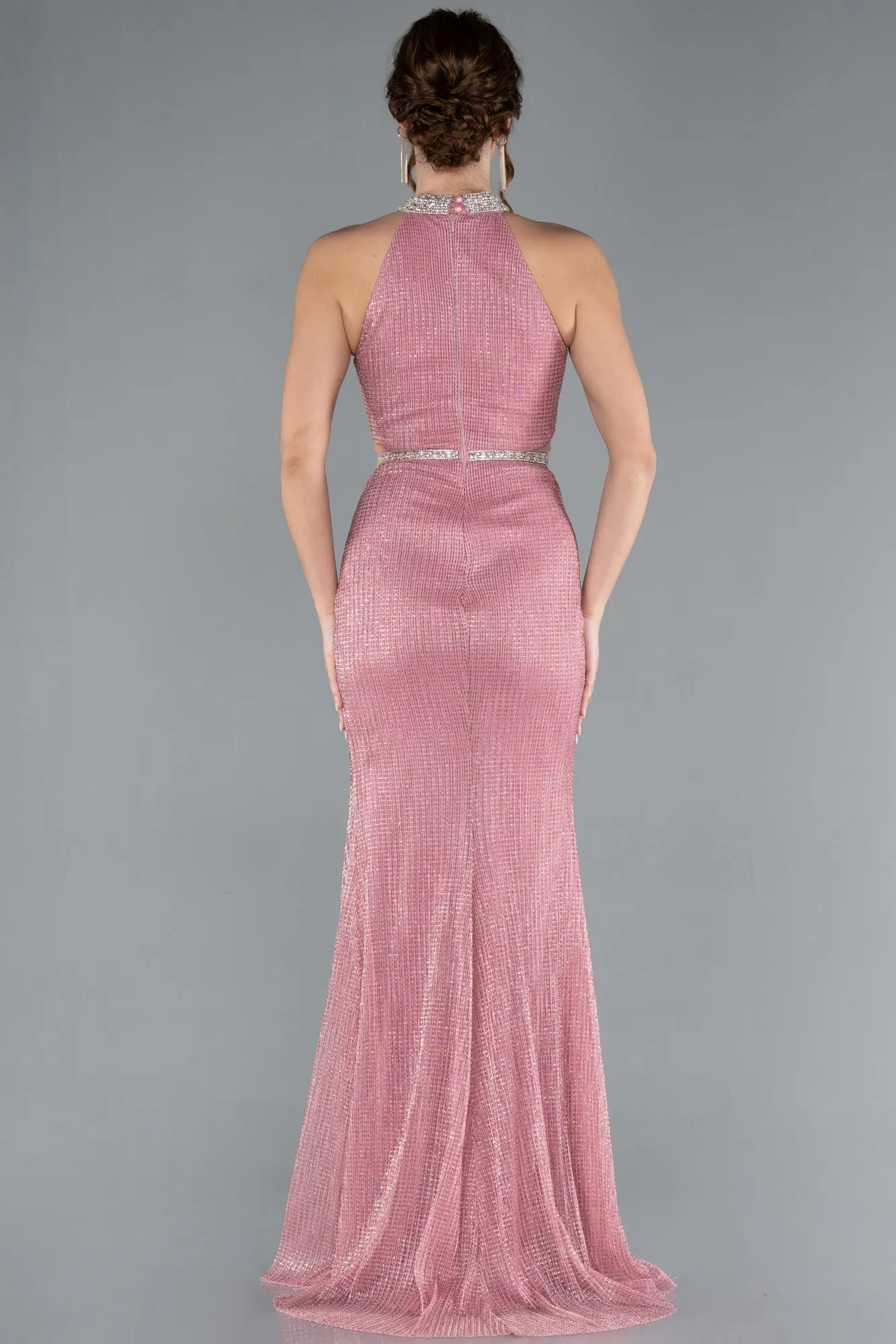 Pink-Halter Neck Slit Long Glitter Mermaid Evening Gown ABU4766