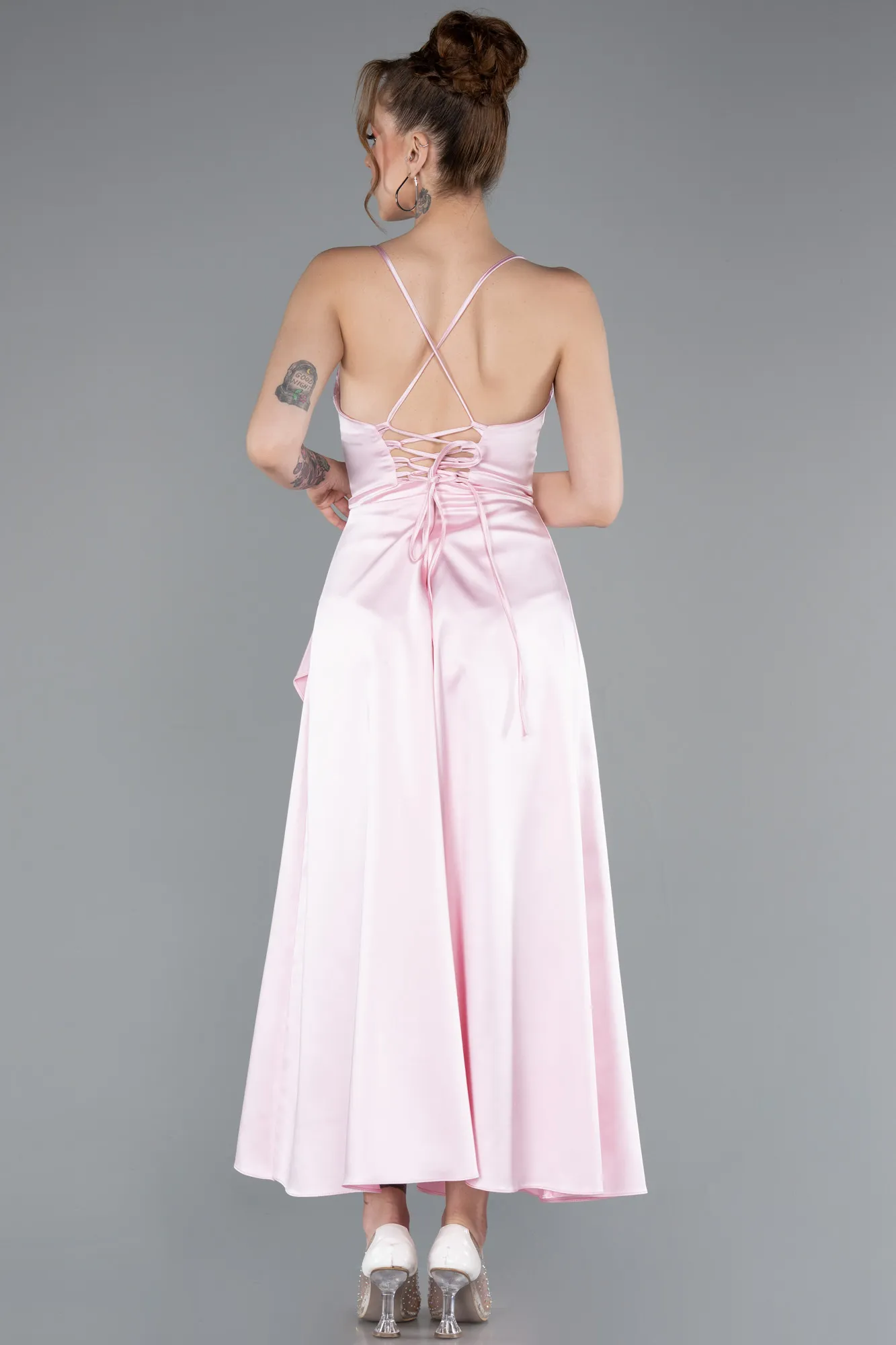 Pink-Midi Satin Invitation Dress ABK1586