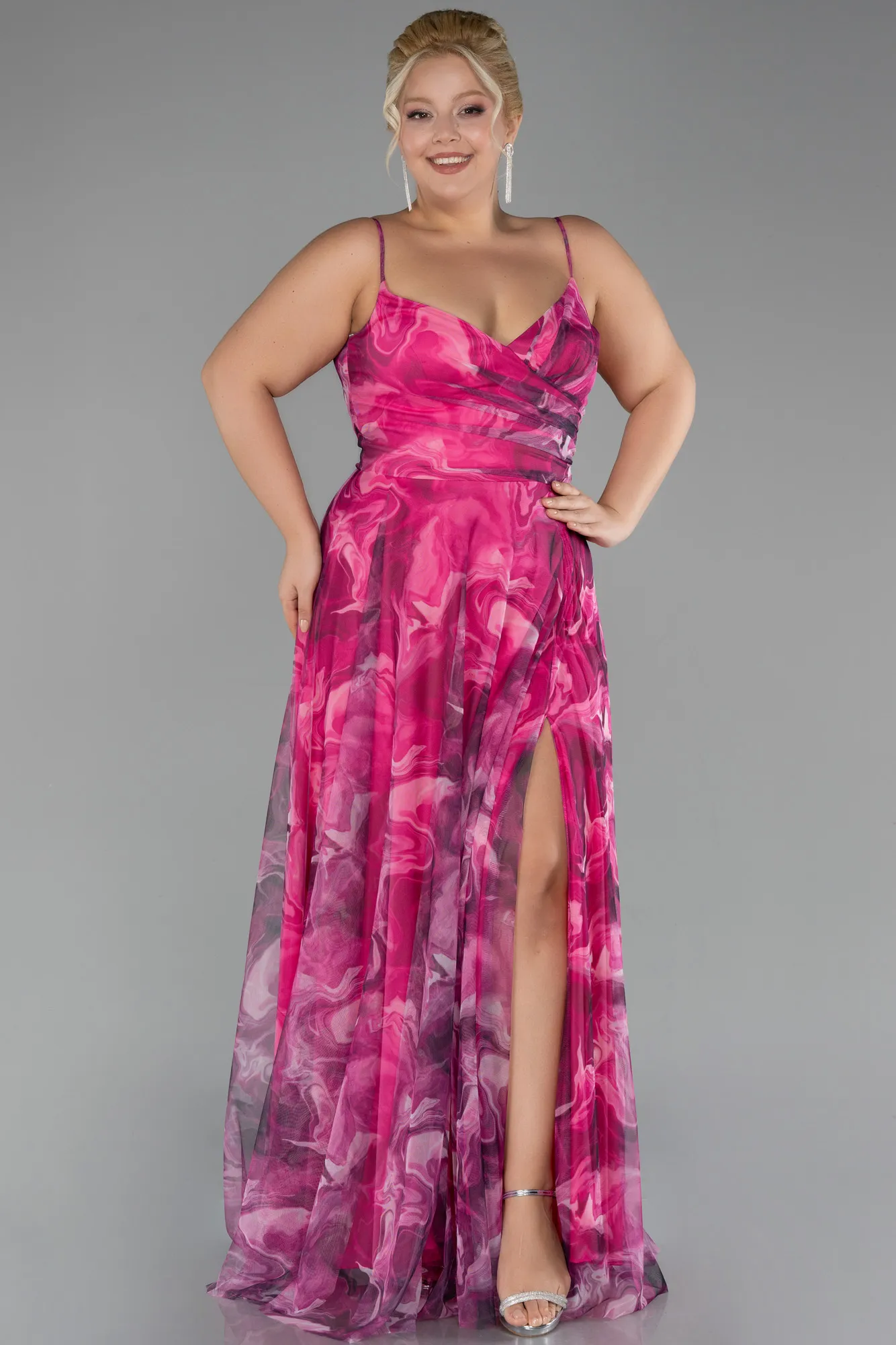 Pink-Slit Long Patterned Plus Size Prom Dress ABU4355