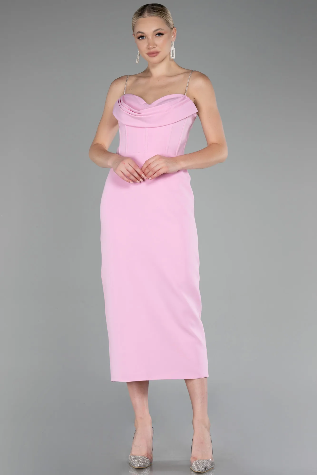 Pink-Strappy Midi Invitation Dress ABK2129
