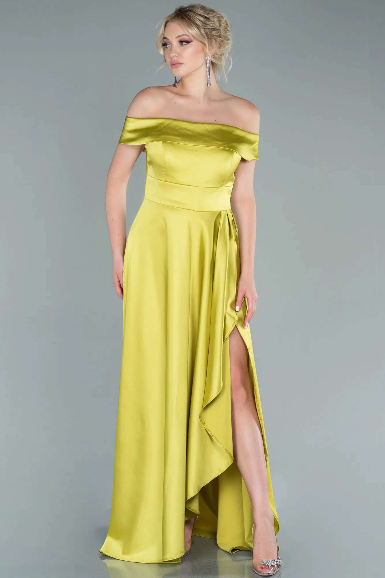 Pistachio Green-Boat Neck Slit Long Satin Prom Dress ABU2486