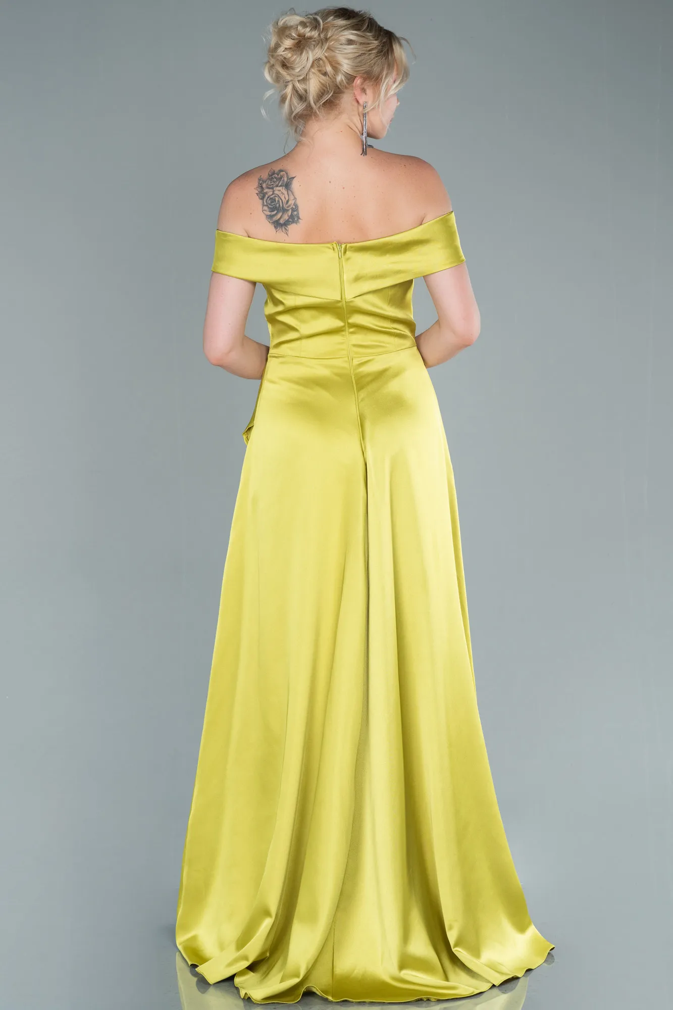 Pistachio Green-Boat Neck Slit Long Satin Prom Dress ABU2486