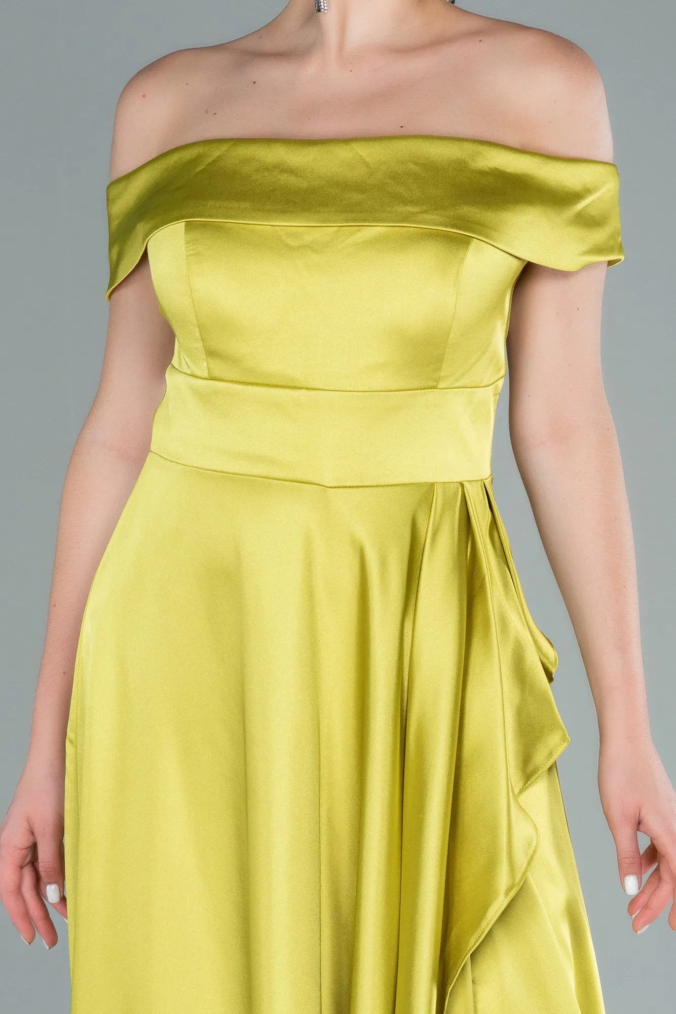Pistachio Green-Boat Neck Slit Long Satin Prom Dress ABU2486