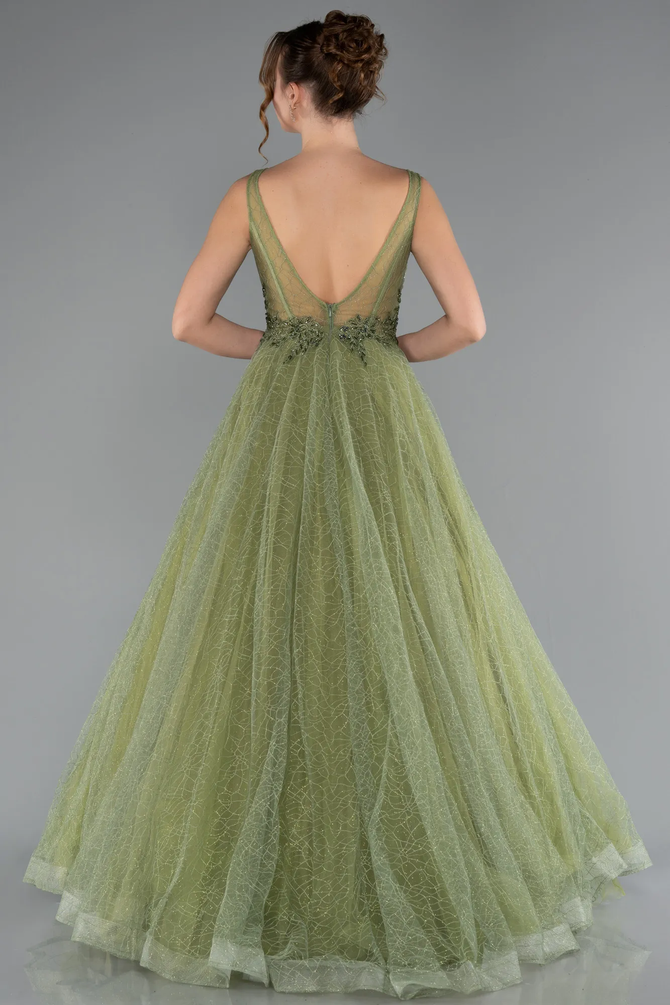 Pistachio Green-Embroidered Bodice Dusty Rose Tulle Evening Gown ABU2131