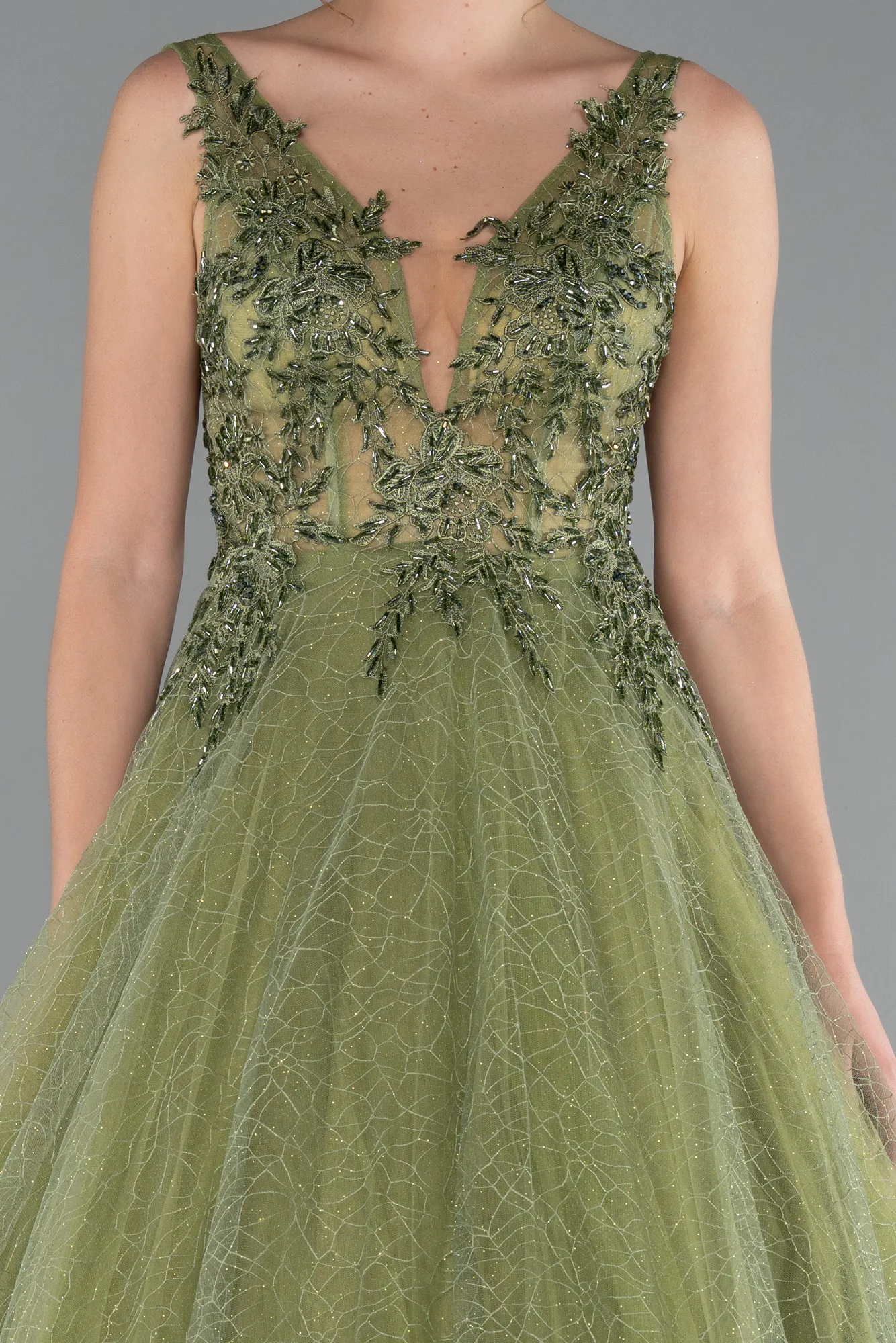 Pistachio Green-Embroidered Bodice Dusty Rose Tulle Evening Gown ABU2131