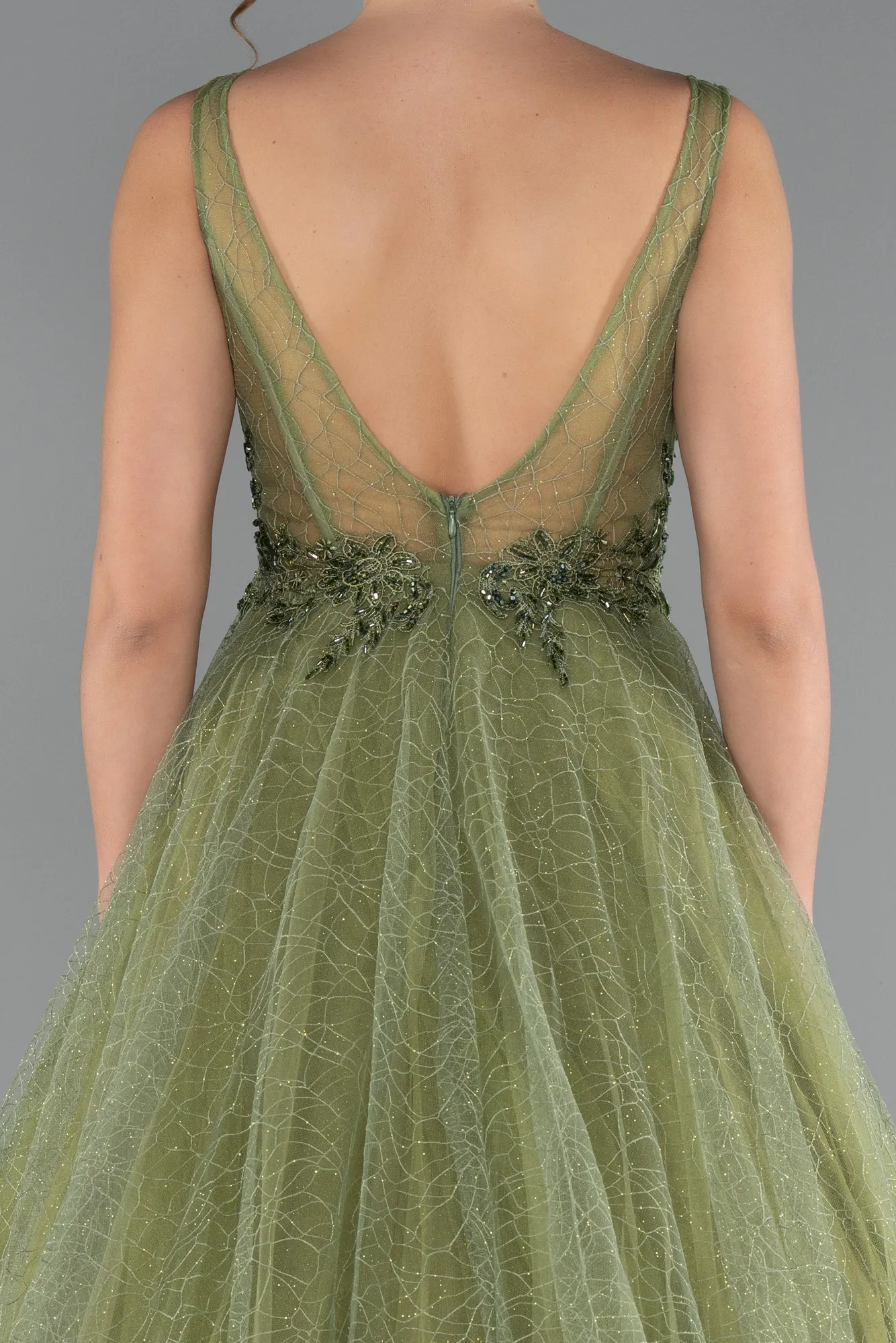 Pistachio Green-Embroidered Bodice Dusty Rose Tulle Evening Gown ABU2131
