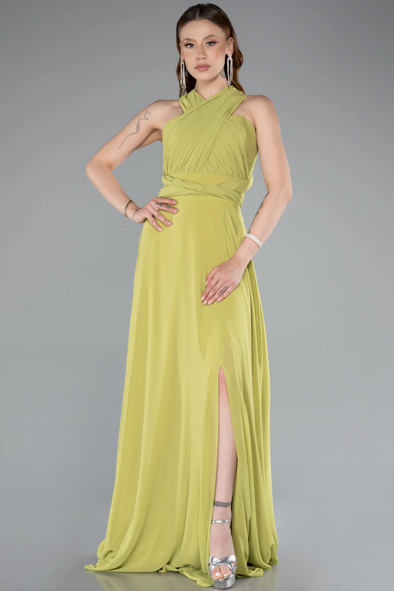 Pistachio Green-Long Chiffon Prom Gown ABU4965