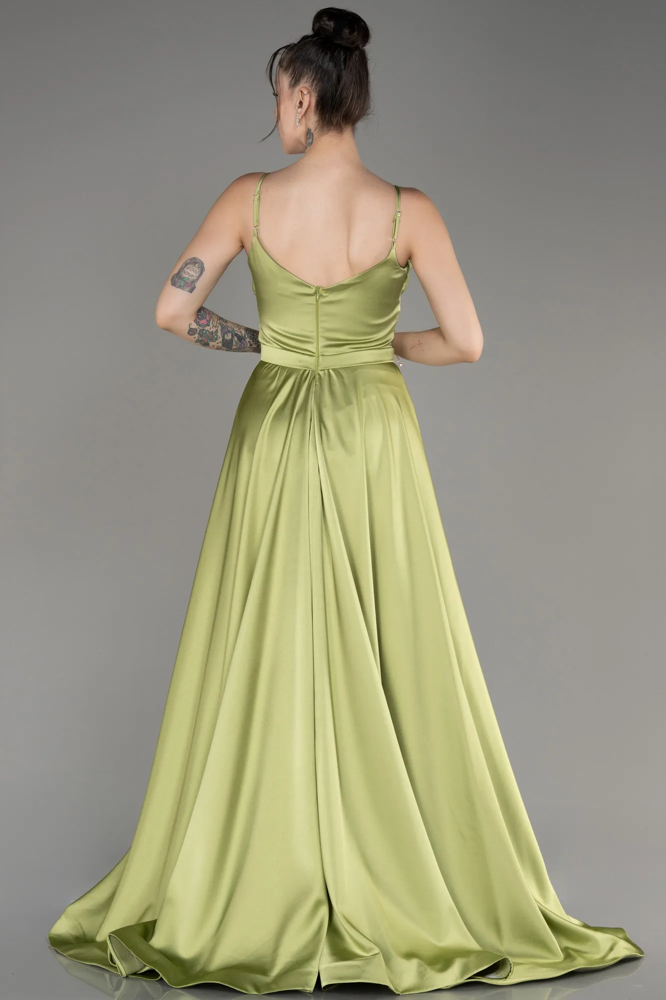 Pistachio Green-Long Satin Evening Dress ABU1601