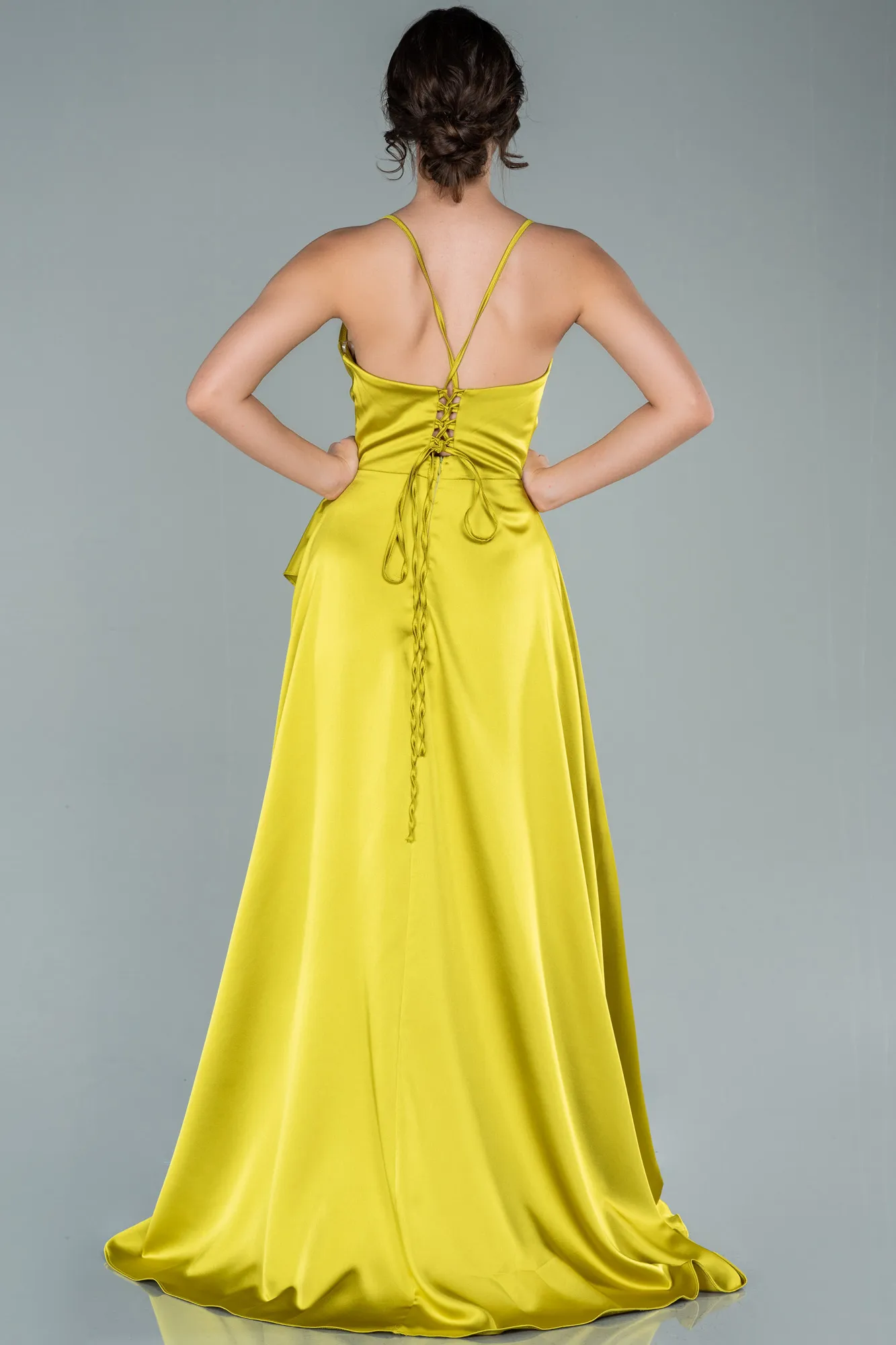Pistachio Green-Long Satin Evening Dress ABU1843