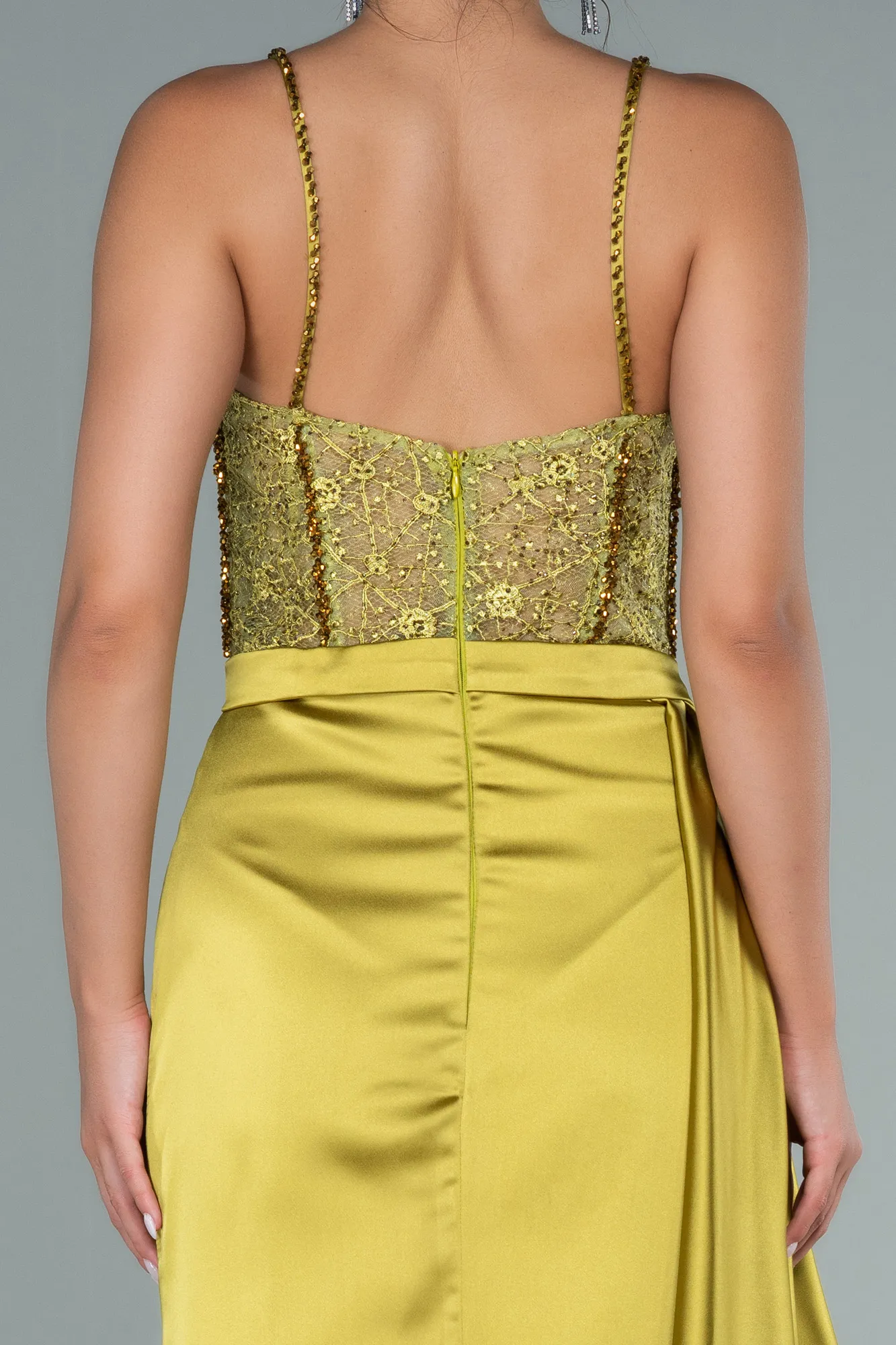 Pistachio Green-Long Satin Evening Dress ABU2130