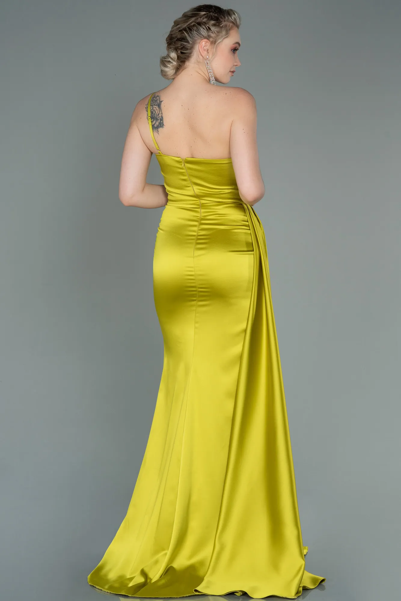 Pistachio Green-Long Satin Evening Dress ABU2386