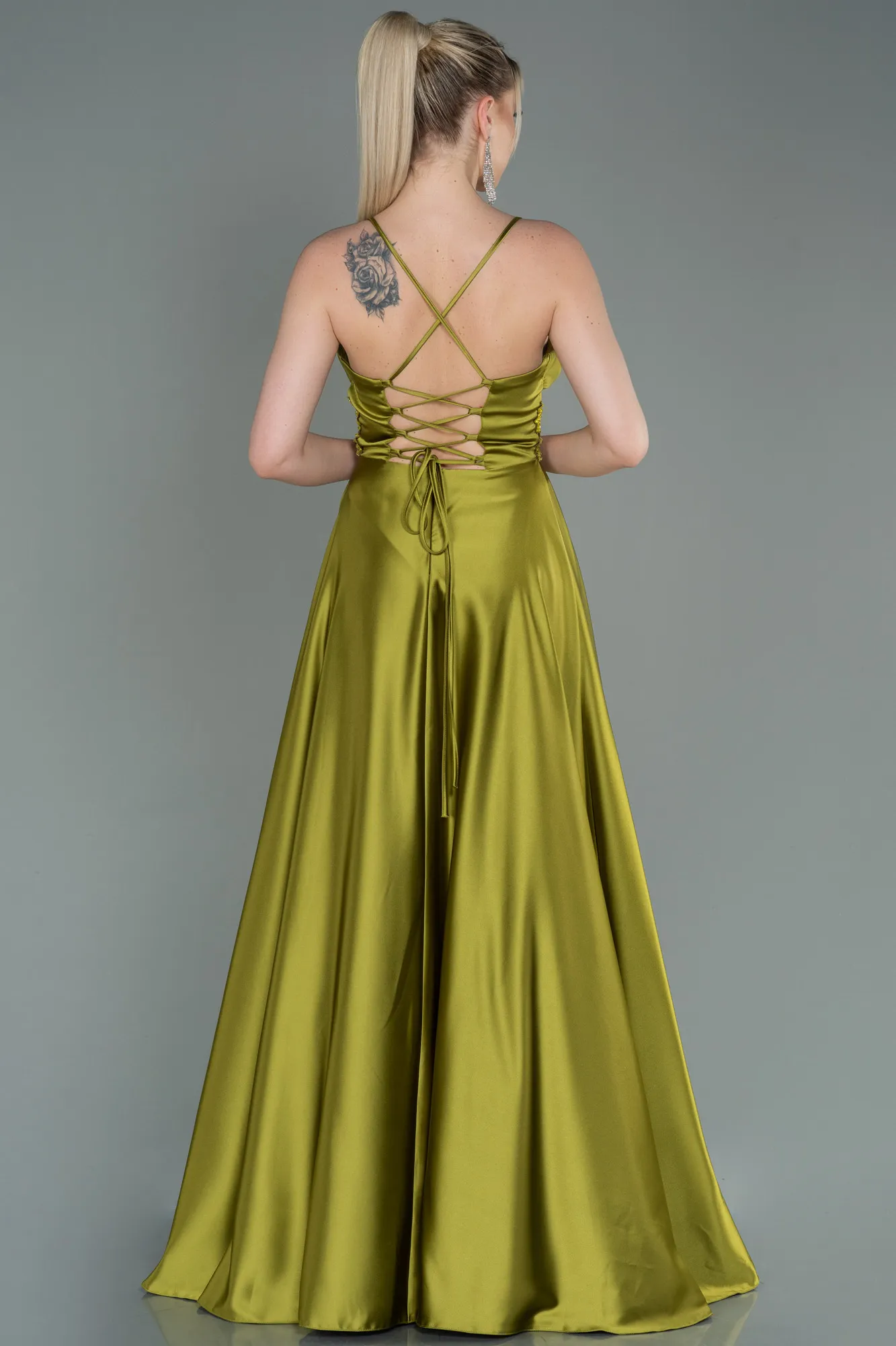 Pistachio Green-Long Satin Evening Dress ABU2583
