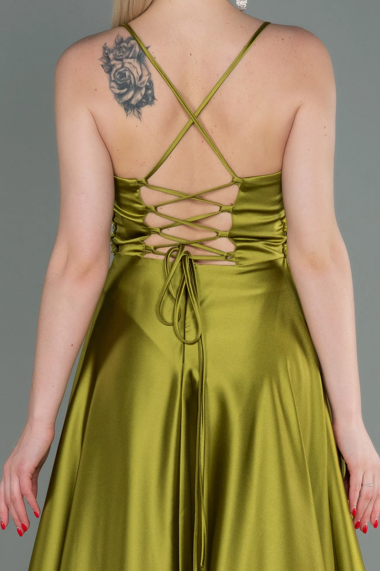 Pistachio Green-Long Satin Evening Dress ABU2583