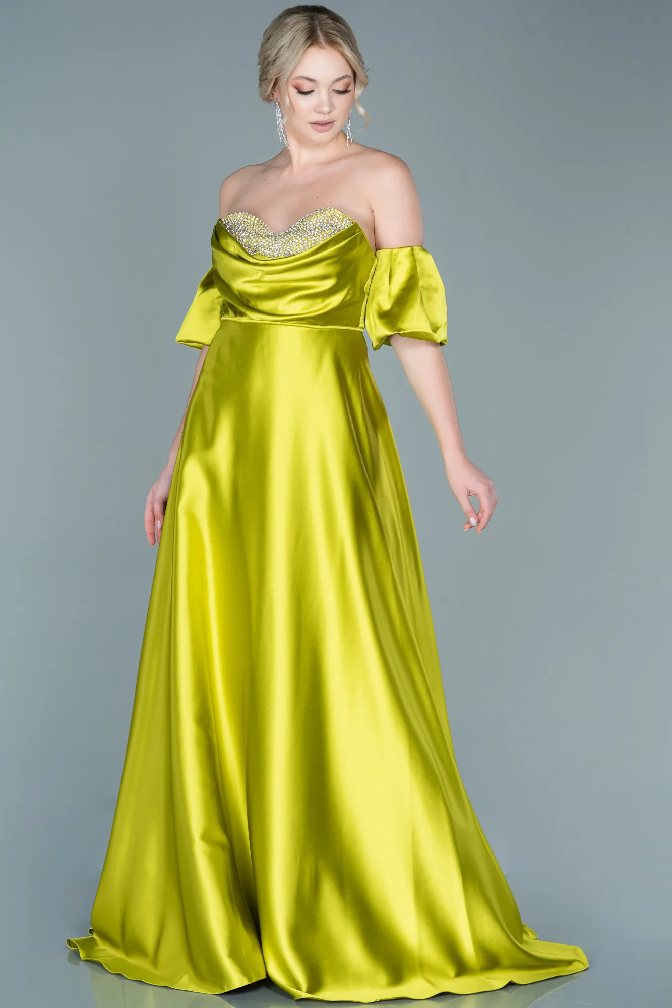 Pistachio Green-Long Satin Evening Dress ABU2614