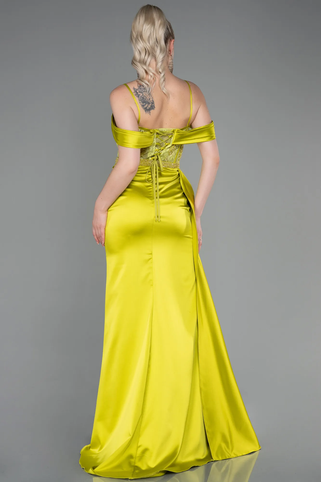 Pistachio Green-Long Satin Evening Dress ABU3227