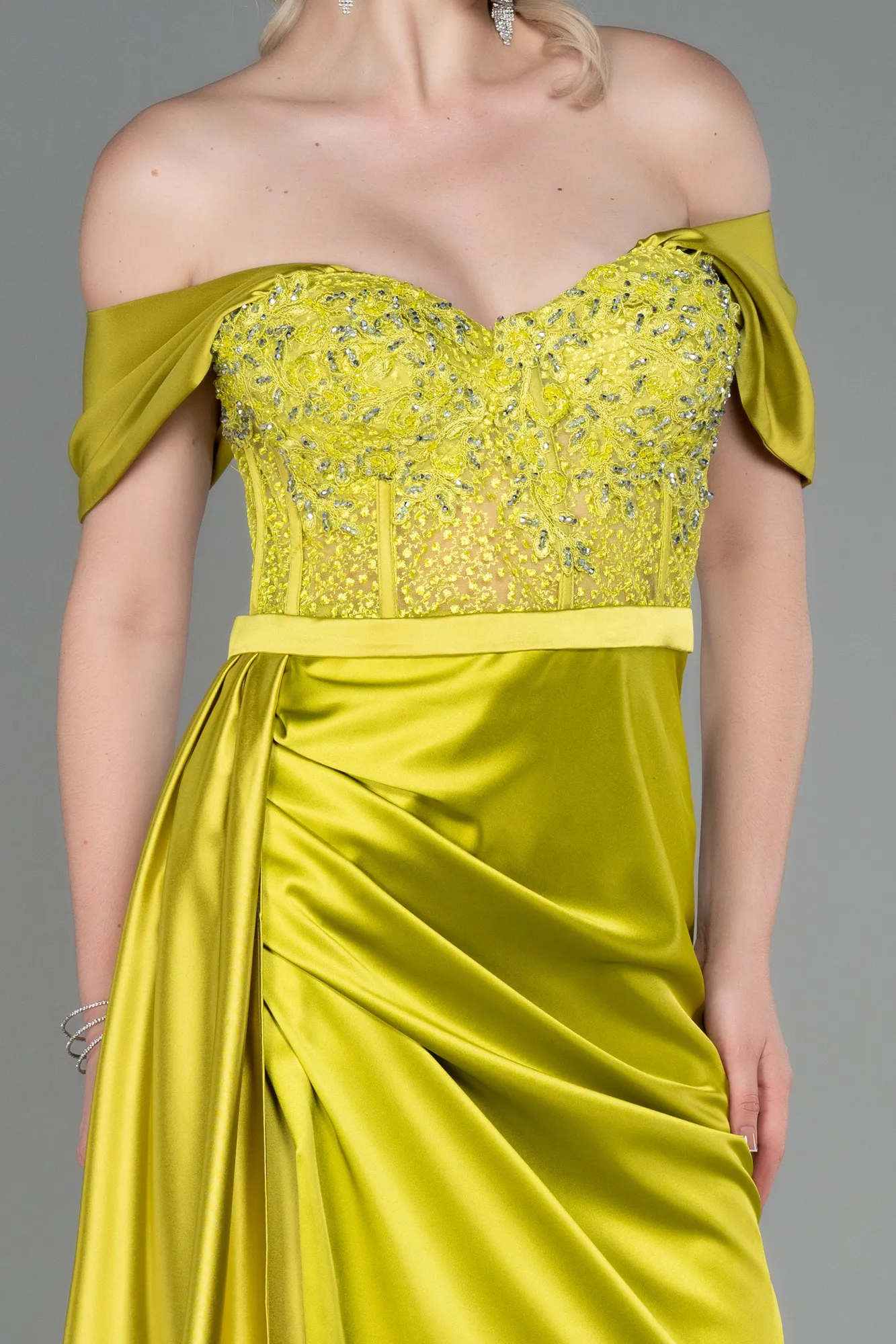 Pistachio Green-Long Satin Evening Dress ABU3446