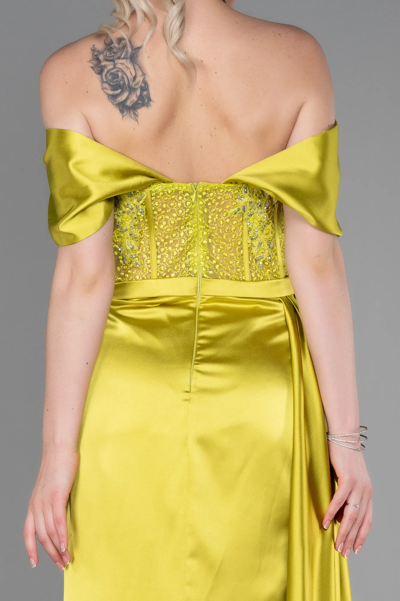 Pistachio Green-Long Satin Evening Dress ABU3446