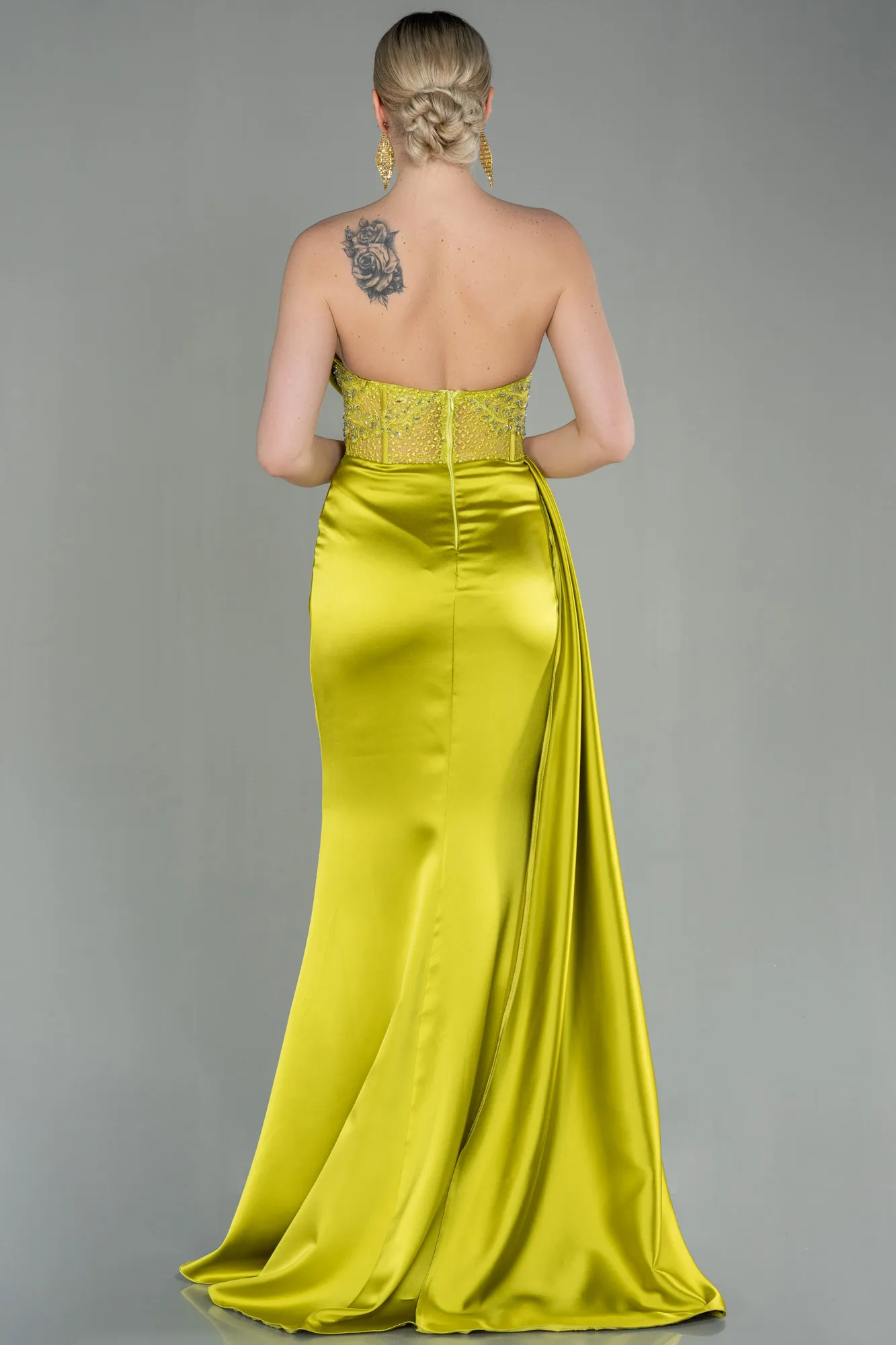 Pistachio Green-Long Satin Evening Dress ABU3447