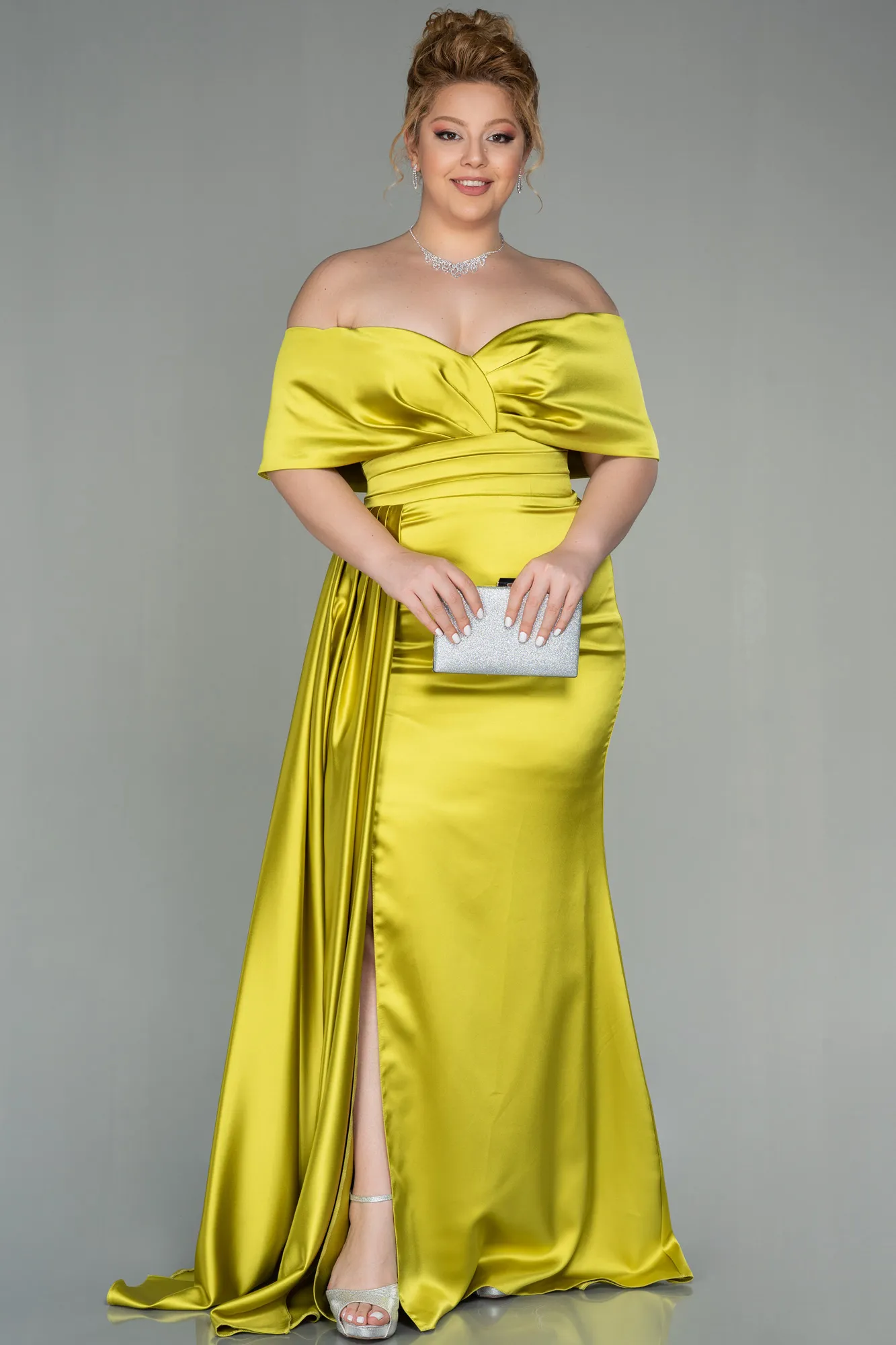 Pistachio Green-Long Satin Plus Size Evening Dress ABU2873