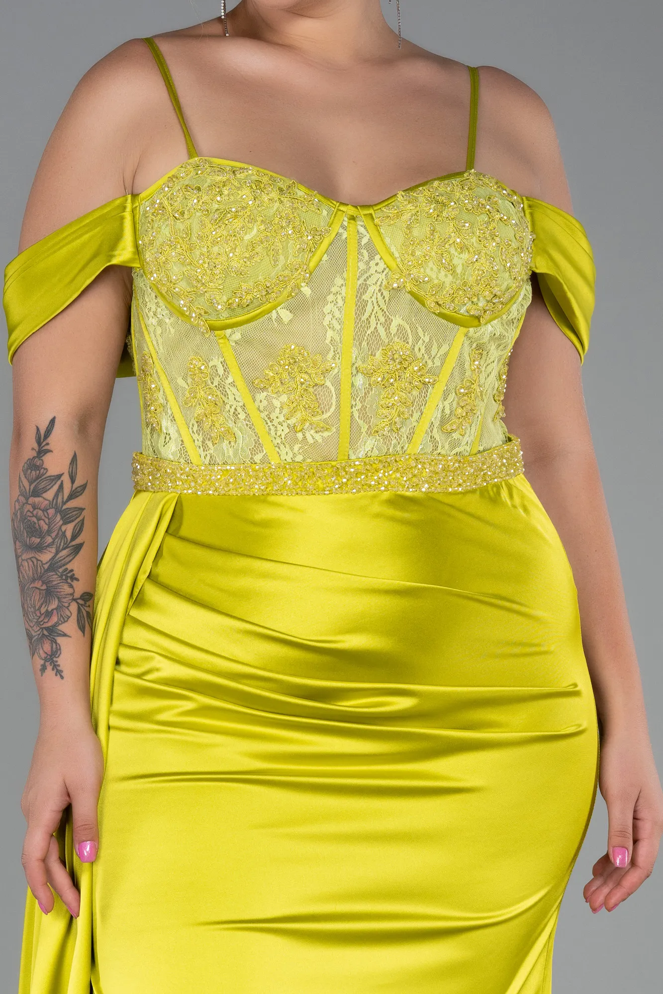 Pistachio Green-Long Satin Plus Size Evening Dress ABU3228