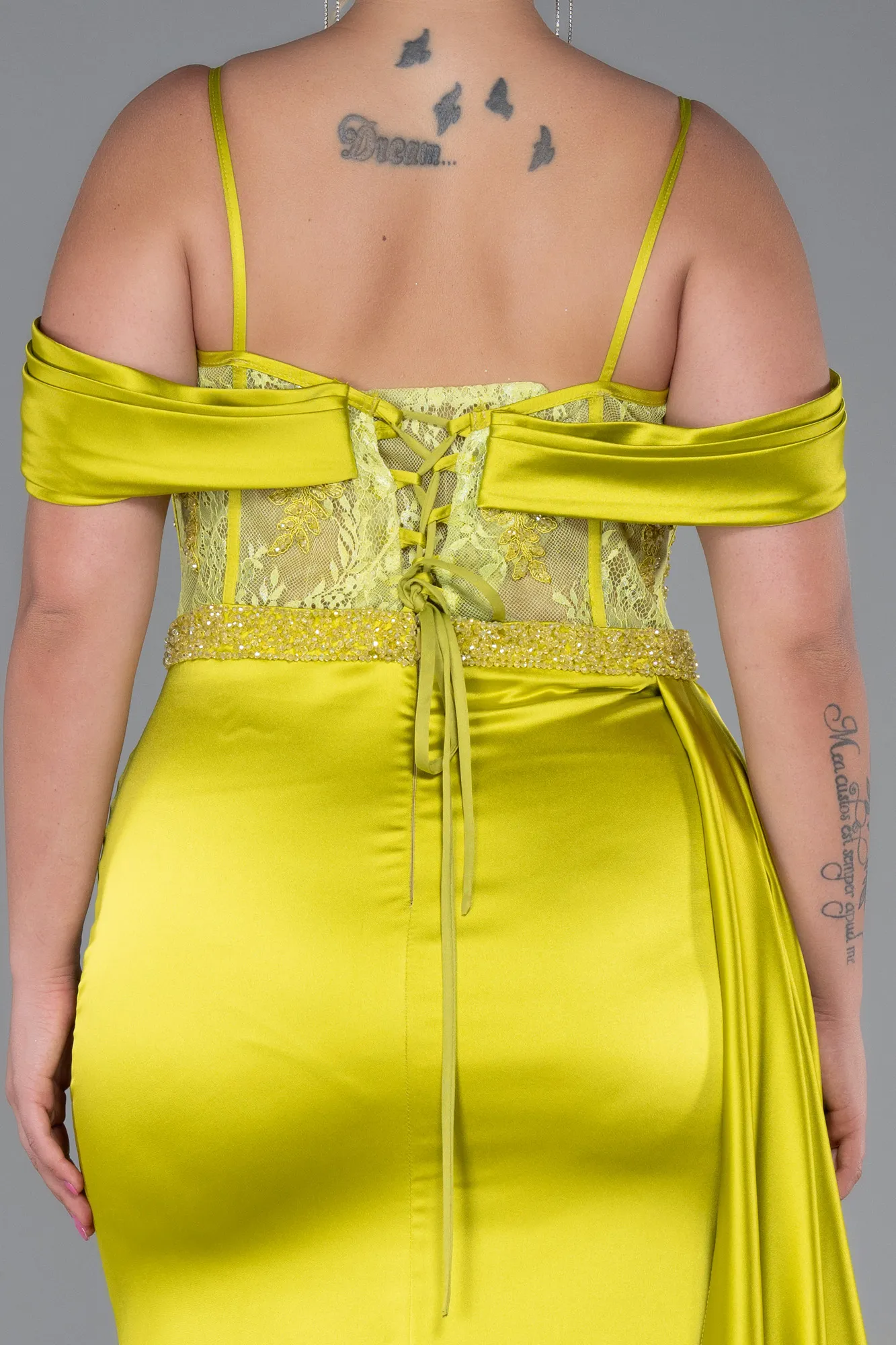 Pistachio Green-Long Satin Plus Size Evening Dress ABU3228