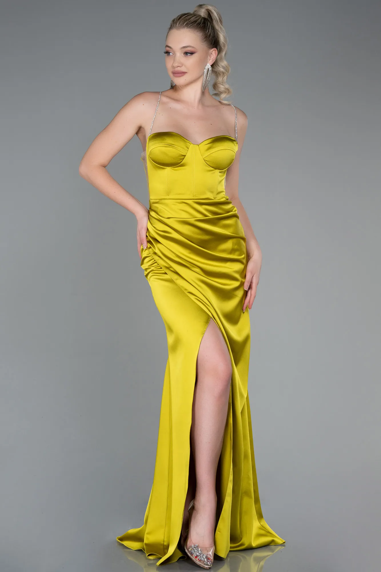 Pistachio Green-Long Satin Prom Gown ABU3094