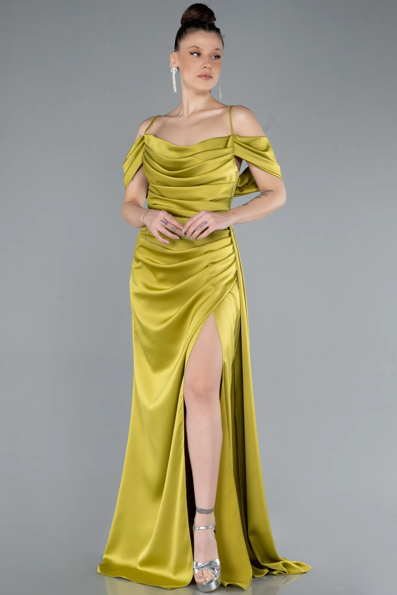 Pistachio Green-Long Satin Prom Gown ABU4659