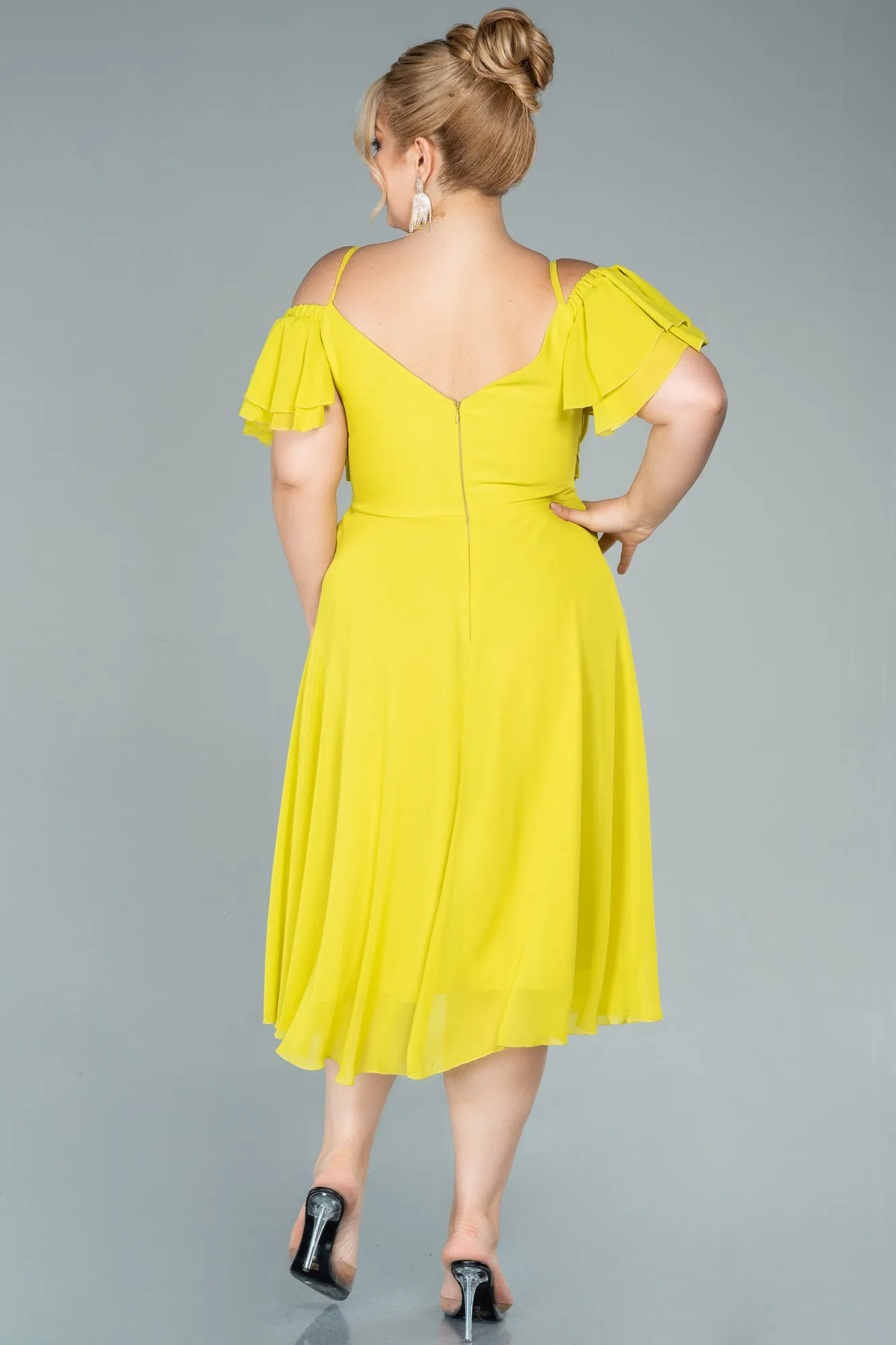 Pistachio Green-Midi Chiffon Plus Size Evening Dress ABK1475