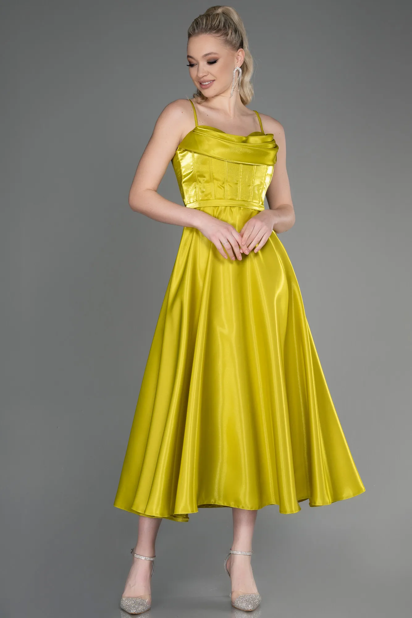 Pistachio Green-Midi Satin Party Dress ABK2011