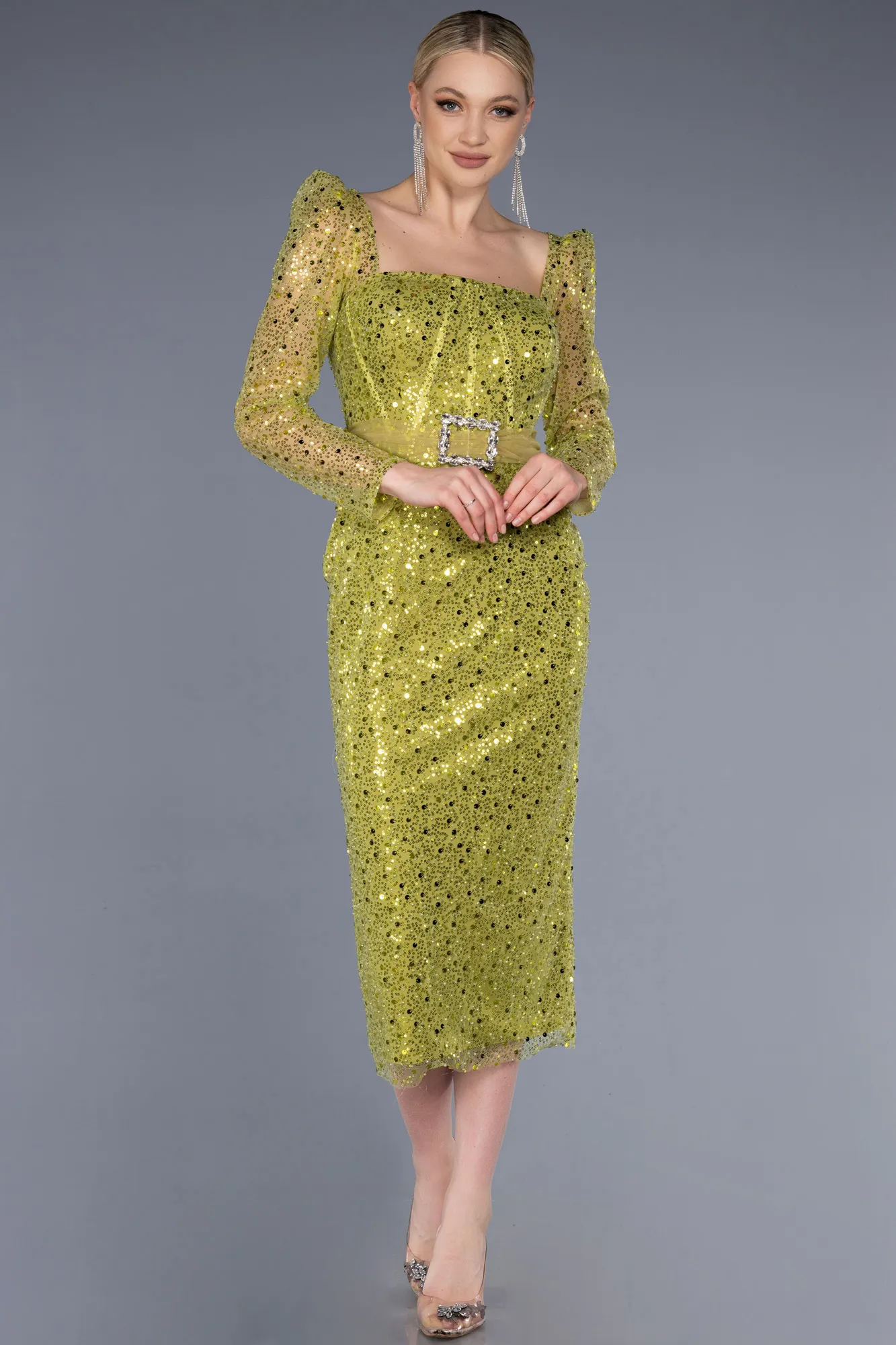 Pistachio Green-Midi Scaly Cocktail Dress ABK1979