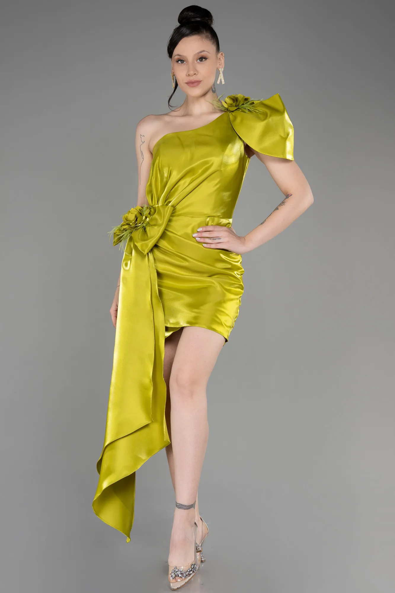 Pistachio Green-One Shoulder Satin Short Cocktail Dress ABK2036